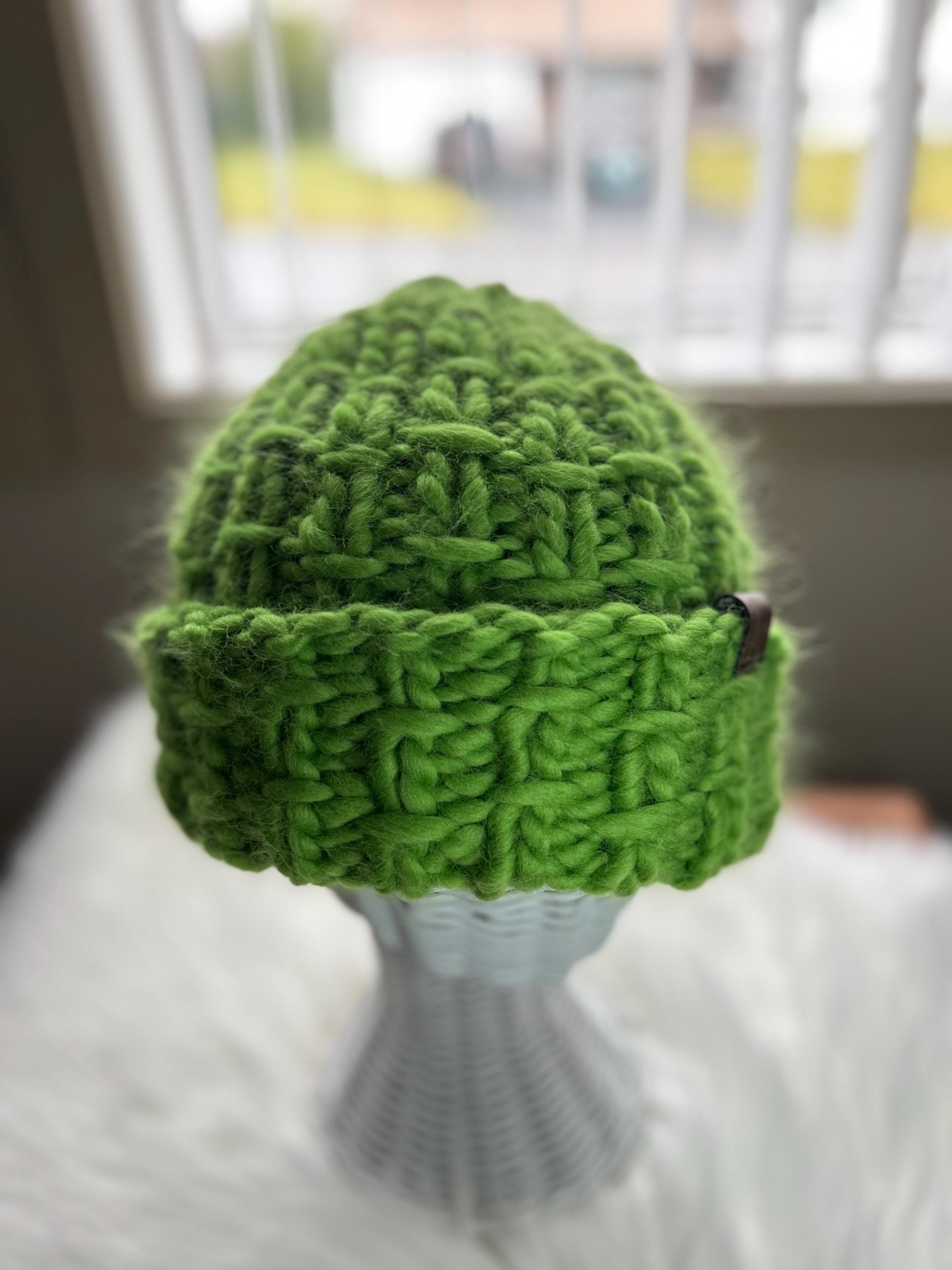 Handmade Green Wool Beanie: Chunky Knit Folded Brim, Made in Canada, bulky toque