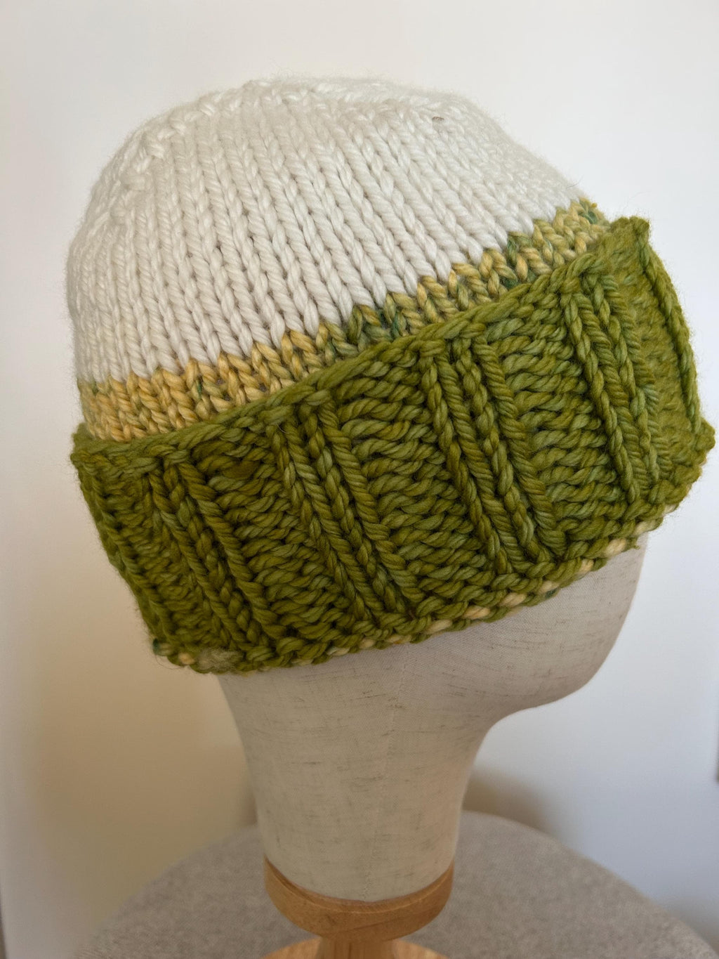 Hand Knit Merino Wool Winter Beanie - Folded Brim contrasting yellow and off white