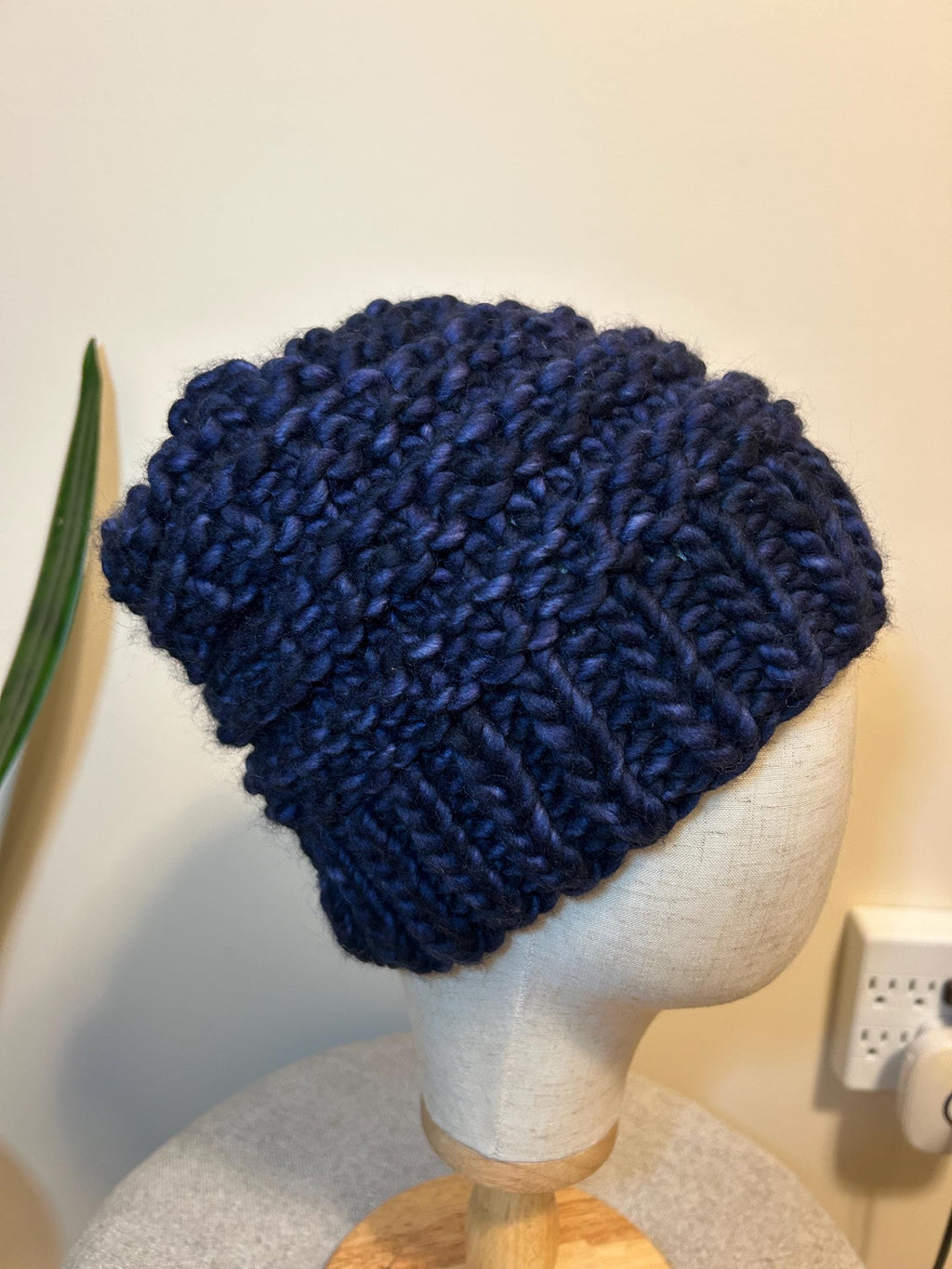 Handmade Merino Wool Knit Beanie: navy blue textured knit with Faux Fur Pompom