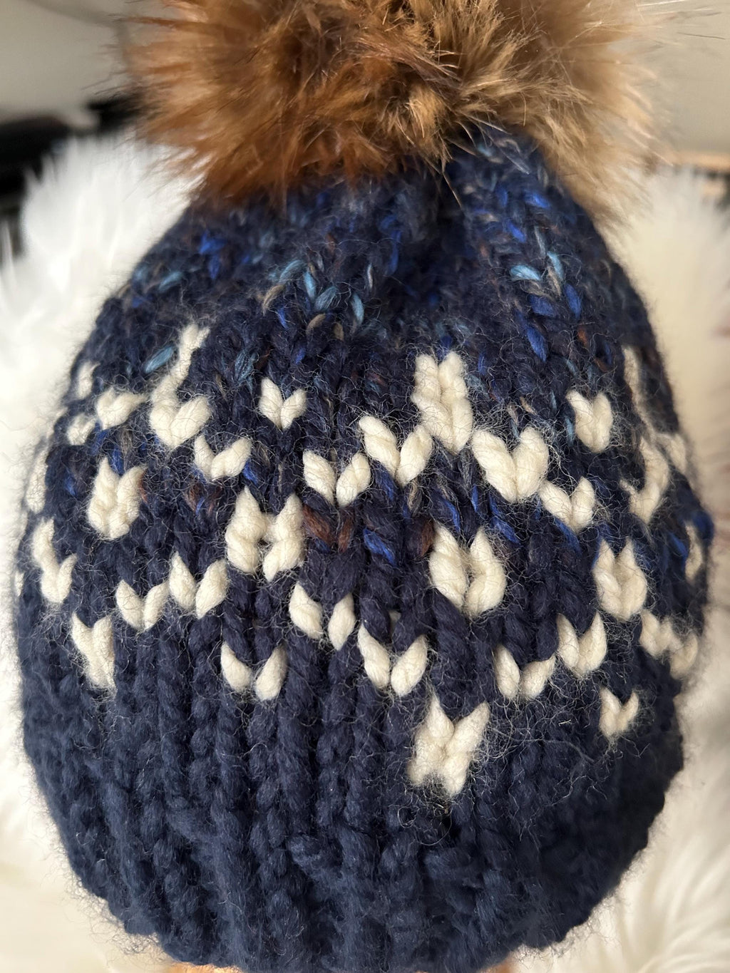 Handmade Knit Winter Toque, Blue White Pattern, Faux Fur Pompom