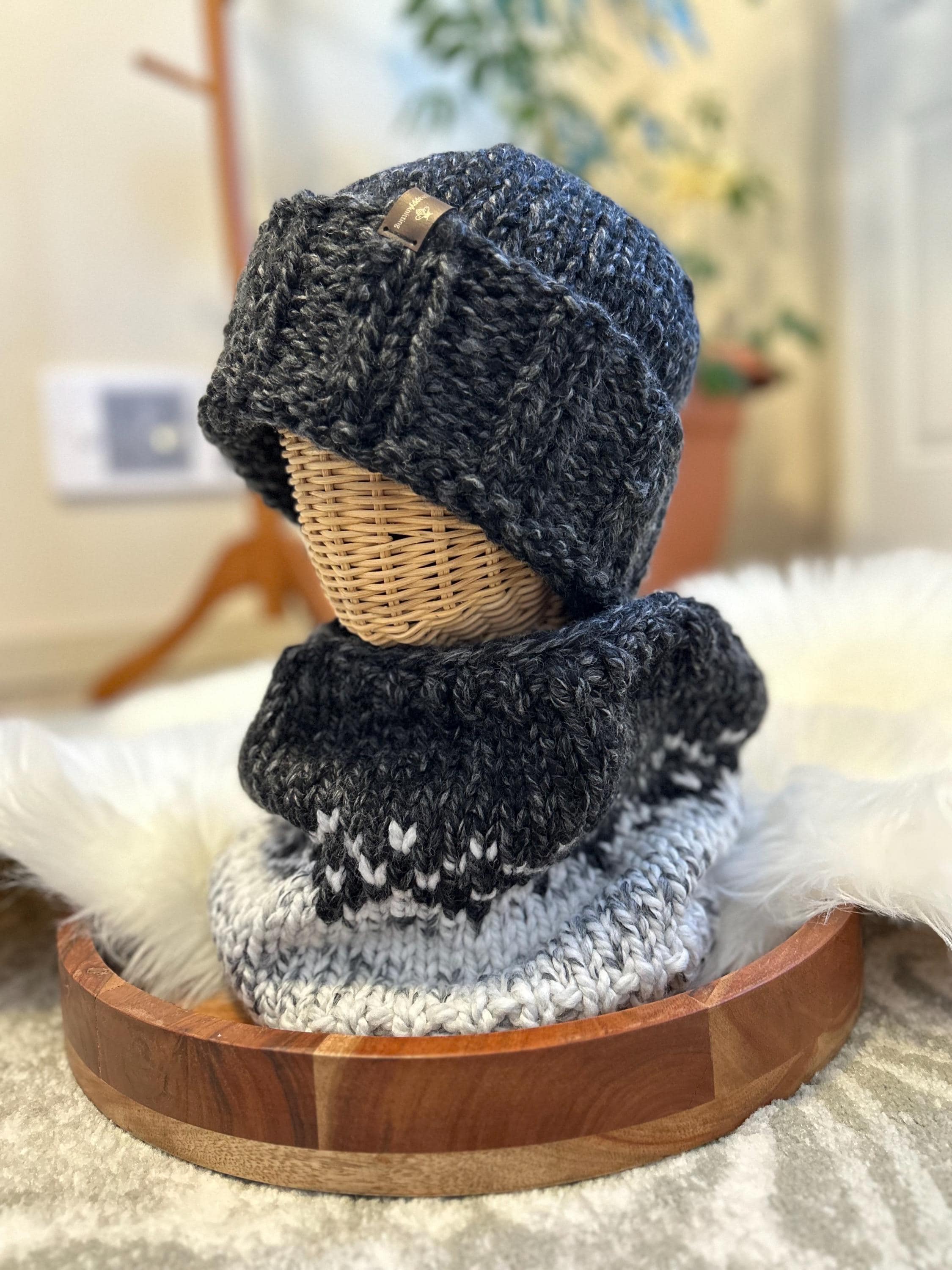 Unisex folded brim Toque, Hand knit winter beanie, fall winter hat, handmade winter cowl, knit hat, heathered black colour, wool/acryic,