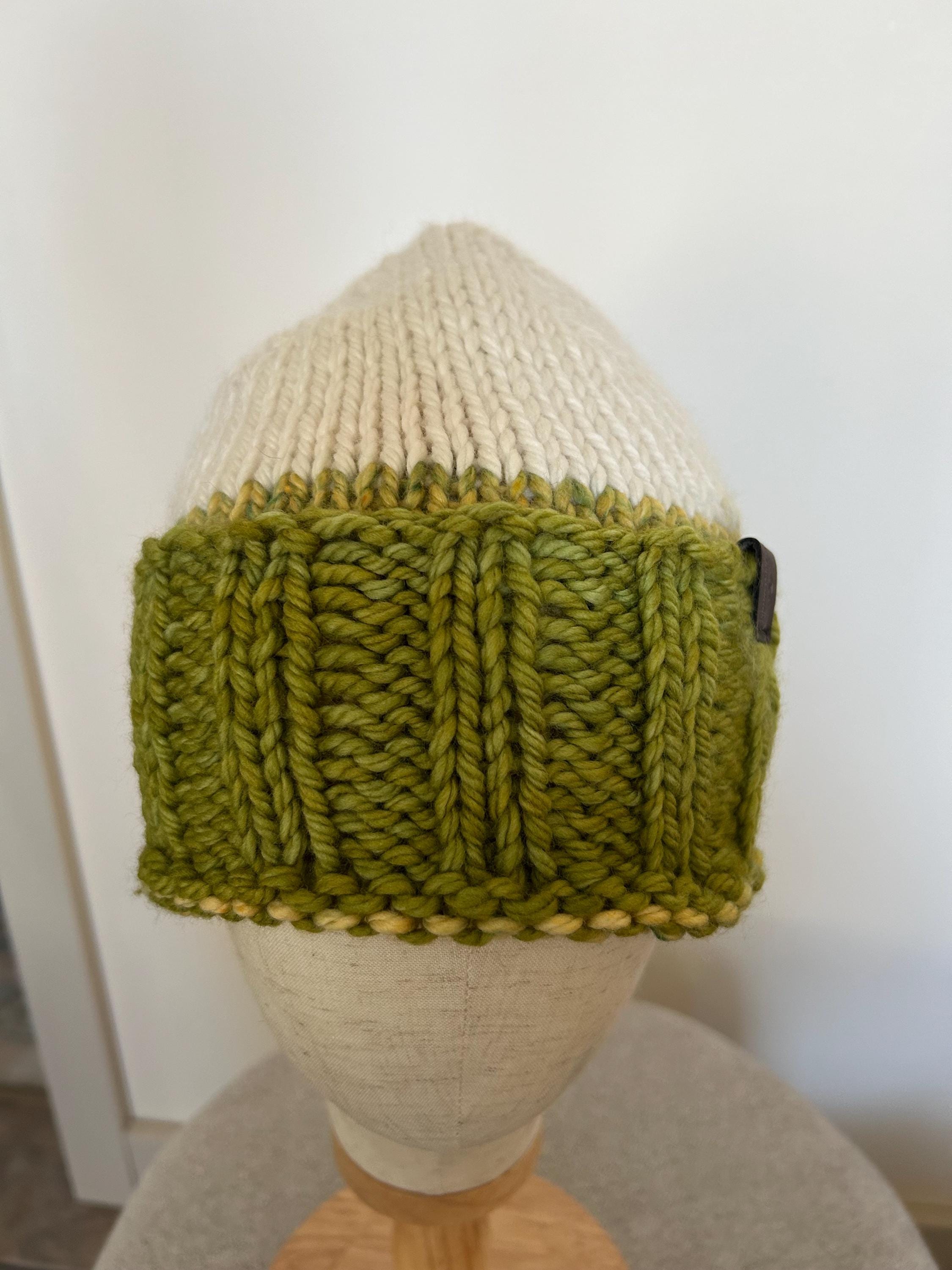 Hand Knit Merino Wool Winter Beanie - Folded Brim contrasting yellow and off white