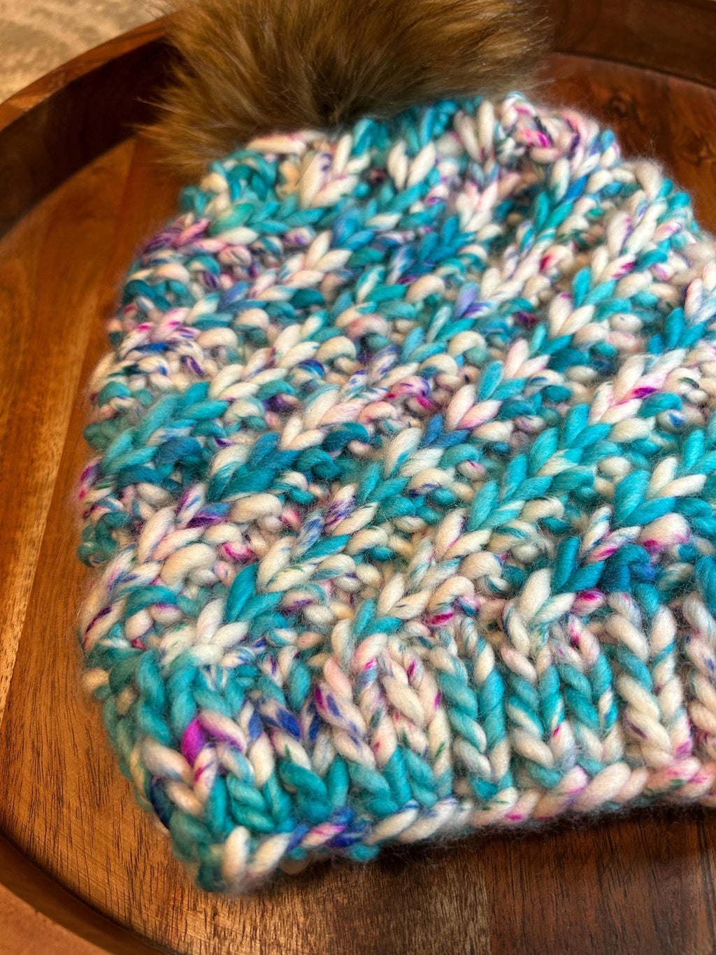 Hand Knit Merino Wool Beanie: Removable Faux Fur Pompom