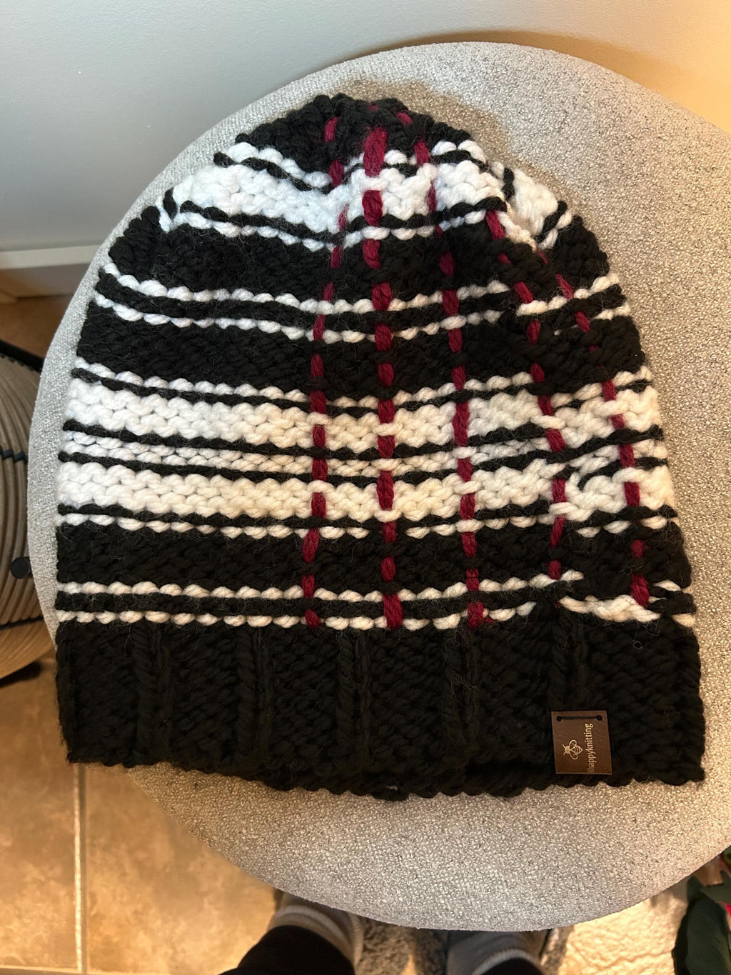 Black and white Knit Toque, Adult Hand Knit beanie, acrylic toque for hiking, unisex, slouchy, knitted hat