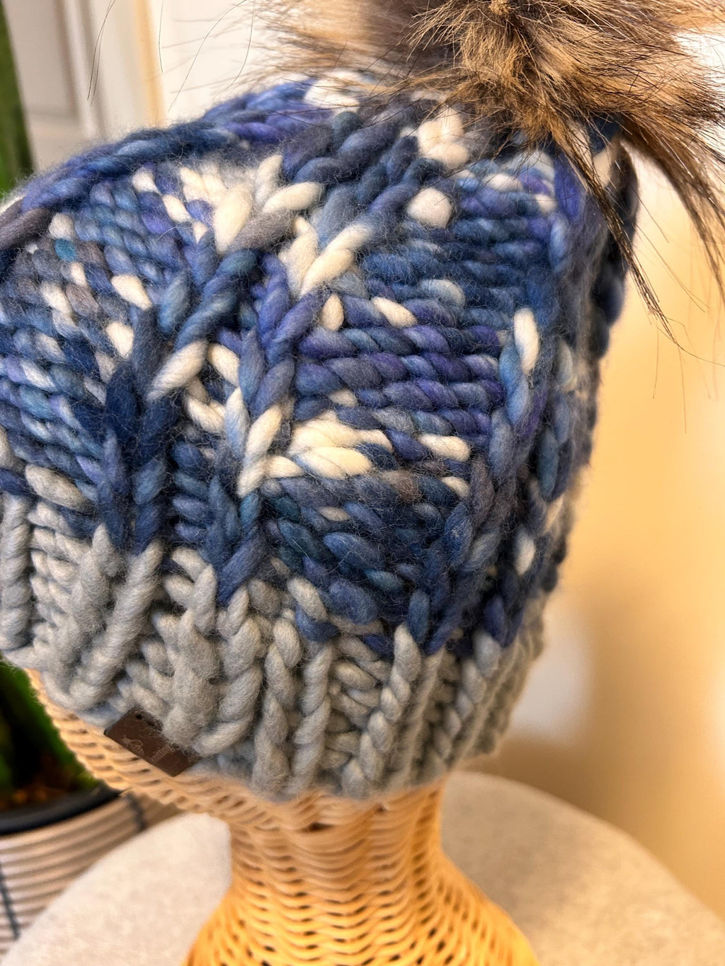 Handknit Chunky Wool Beanie: Blue and Grey Winter Cap with removable PomPom