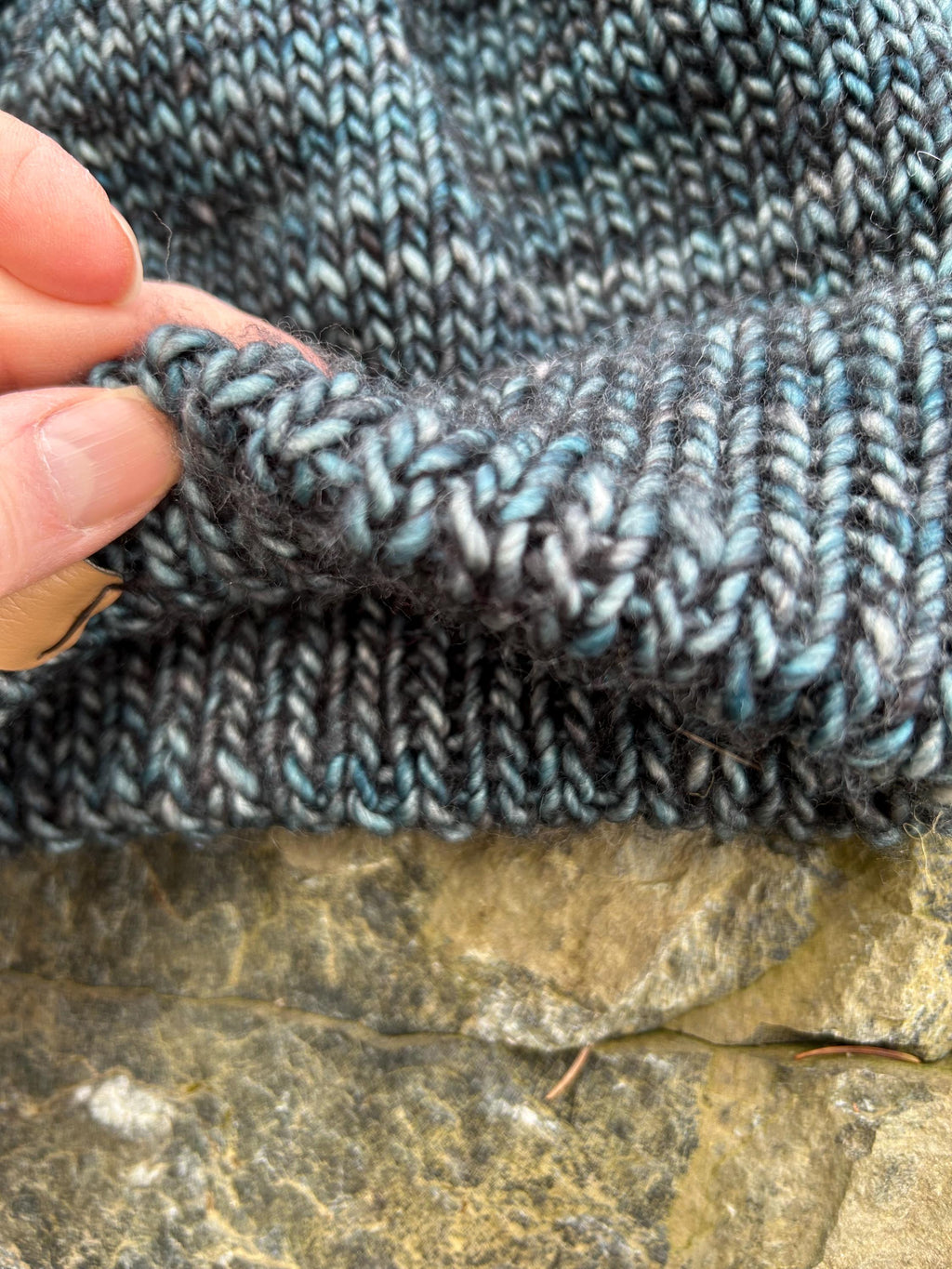 Hand Knit Blue Merino Wool Beanie, Double Brim, unisex