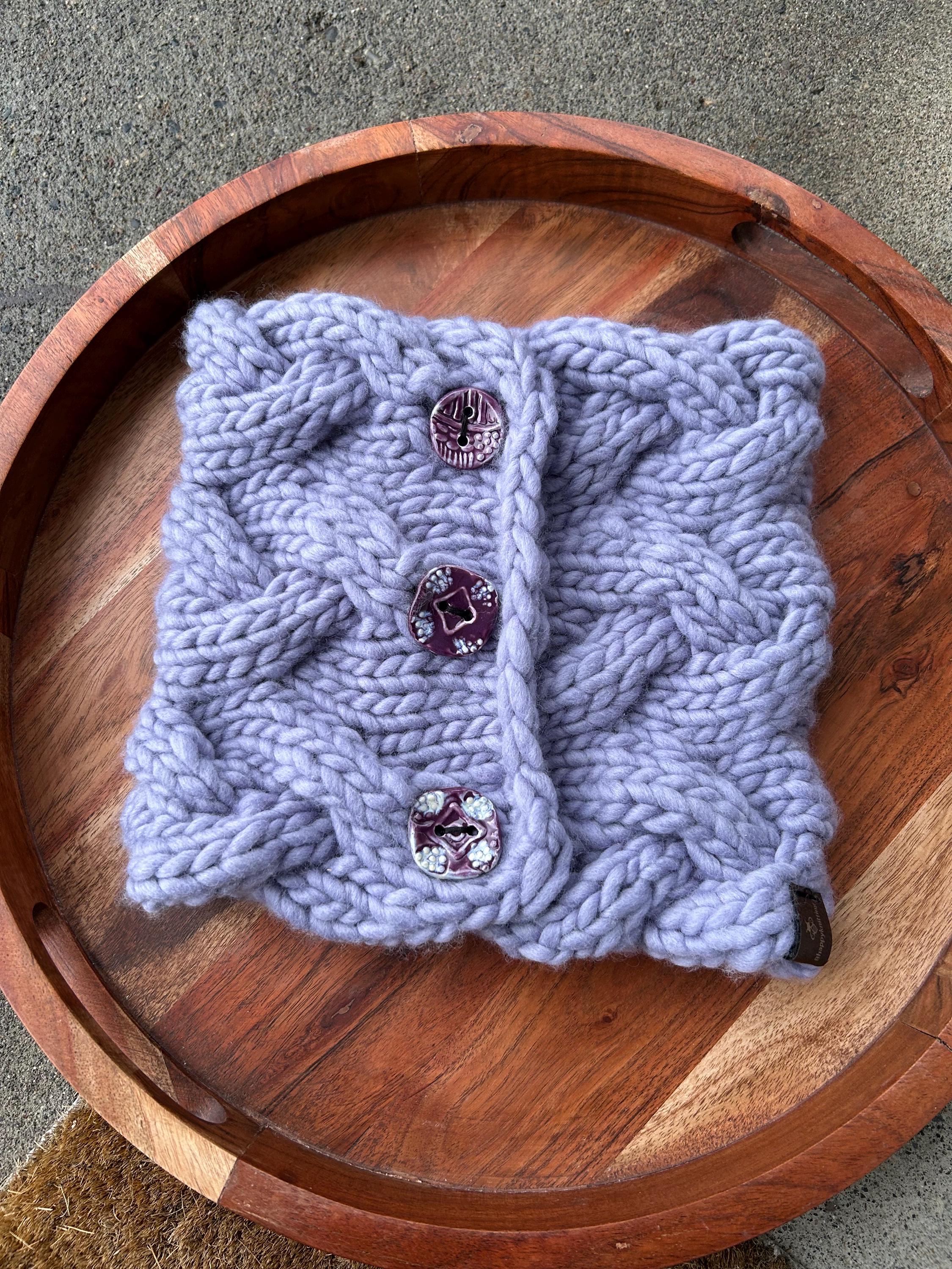 Cable Knit Wool cable Cowl: Button Up purple Winter Scarf; neck warmer