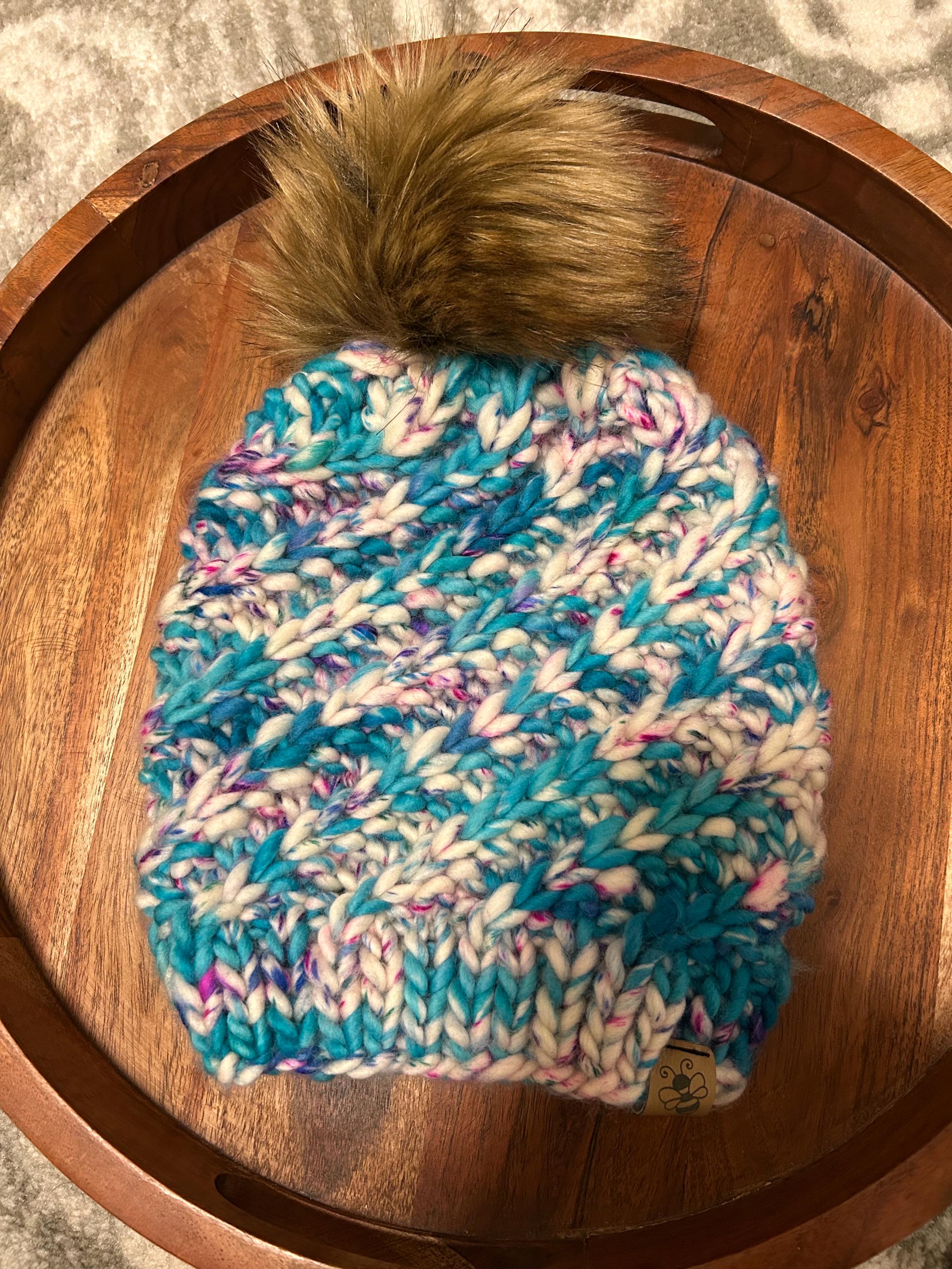 Hand Knit Merino Wool Beanie: Removable Faux Fur Pompom