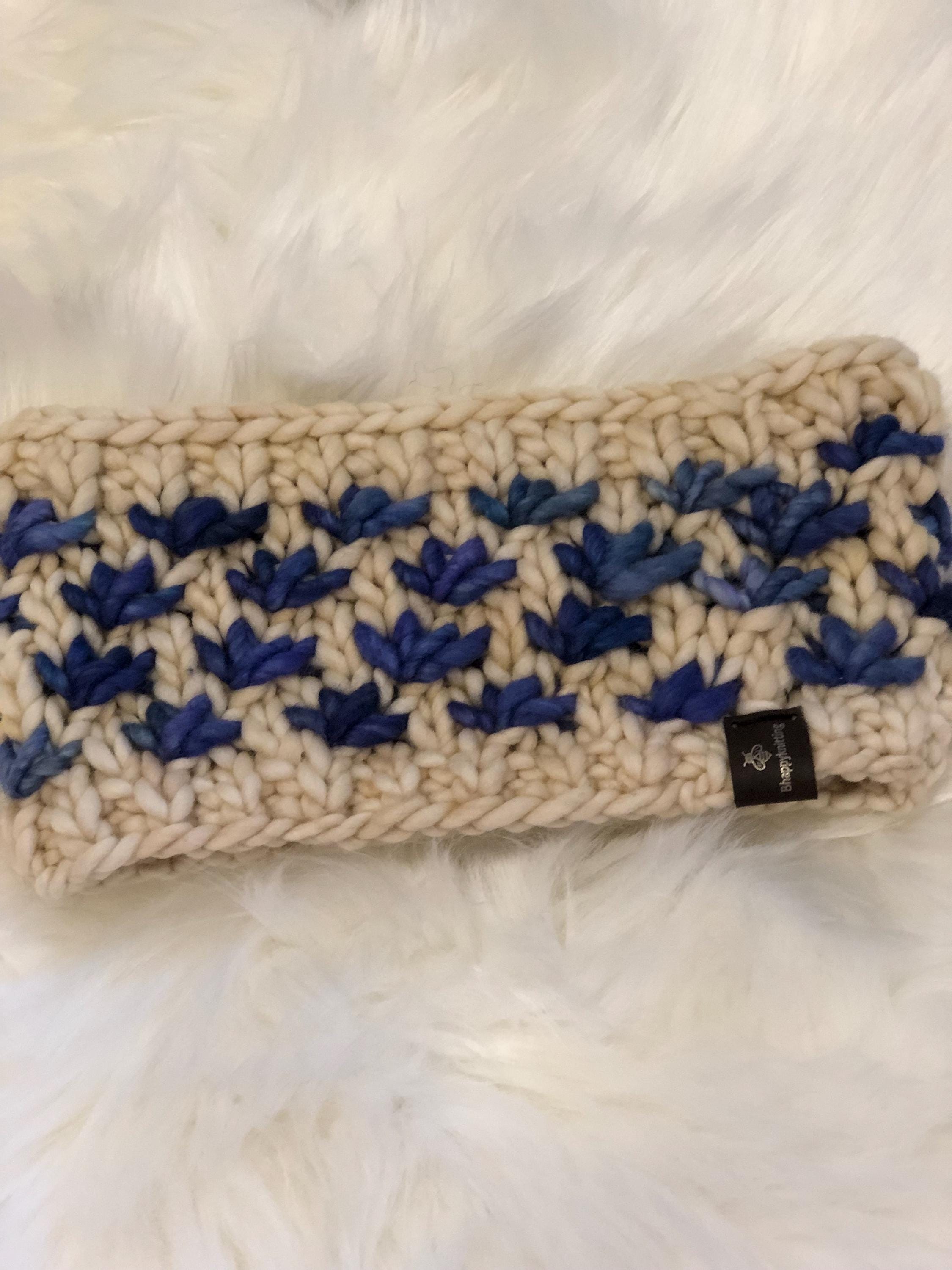 Hand Knit Merino Wool Headband: Blue Lotus Flower Ear Warmer