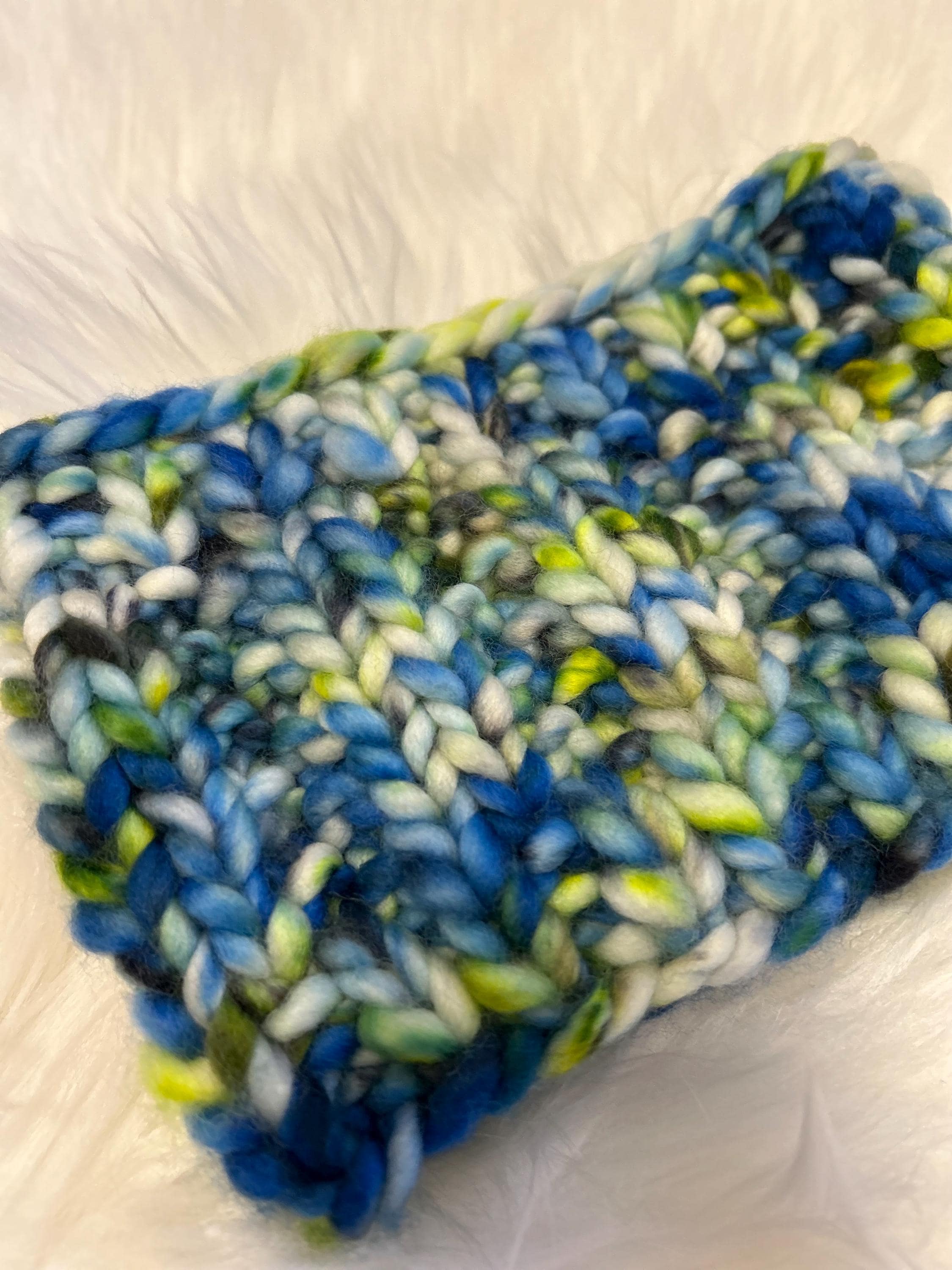 Adult size headband, Handknit, blue white multi colour, Winterwear, messy bun, wool, winter accessory