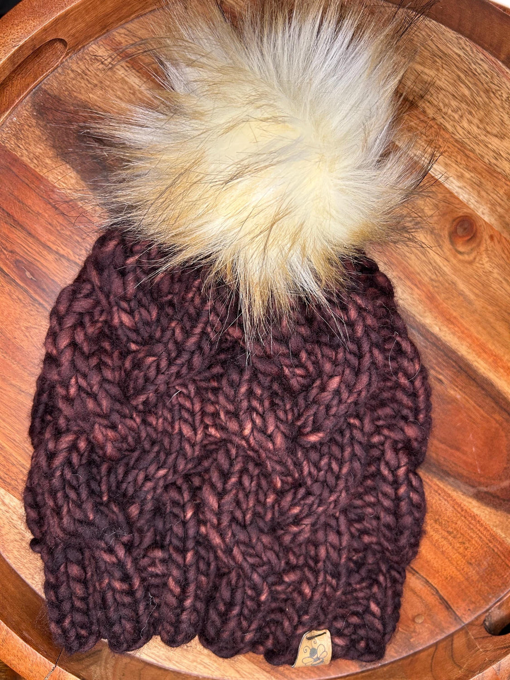 Handmade Merino Wool Knit Beanie: chocolate brown cable knit with Faux Fur Pompom