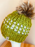 Handmade Merino Wool Knit Beanie: green blue beige knit with Faux Fur Pompom