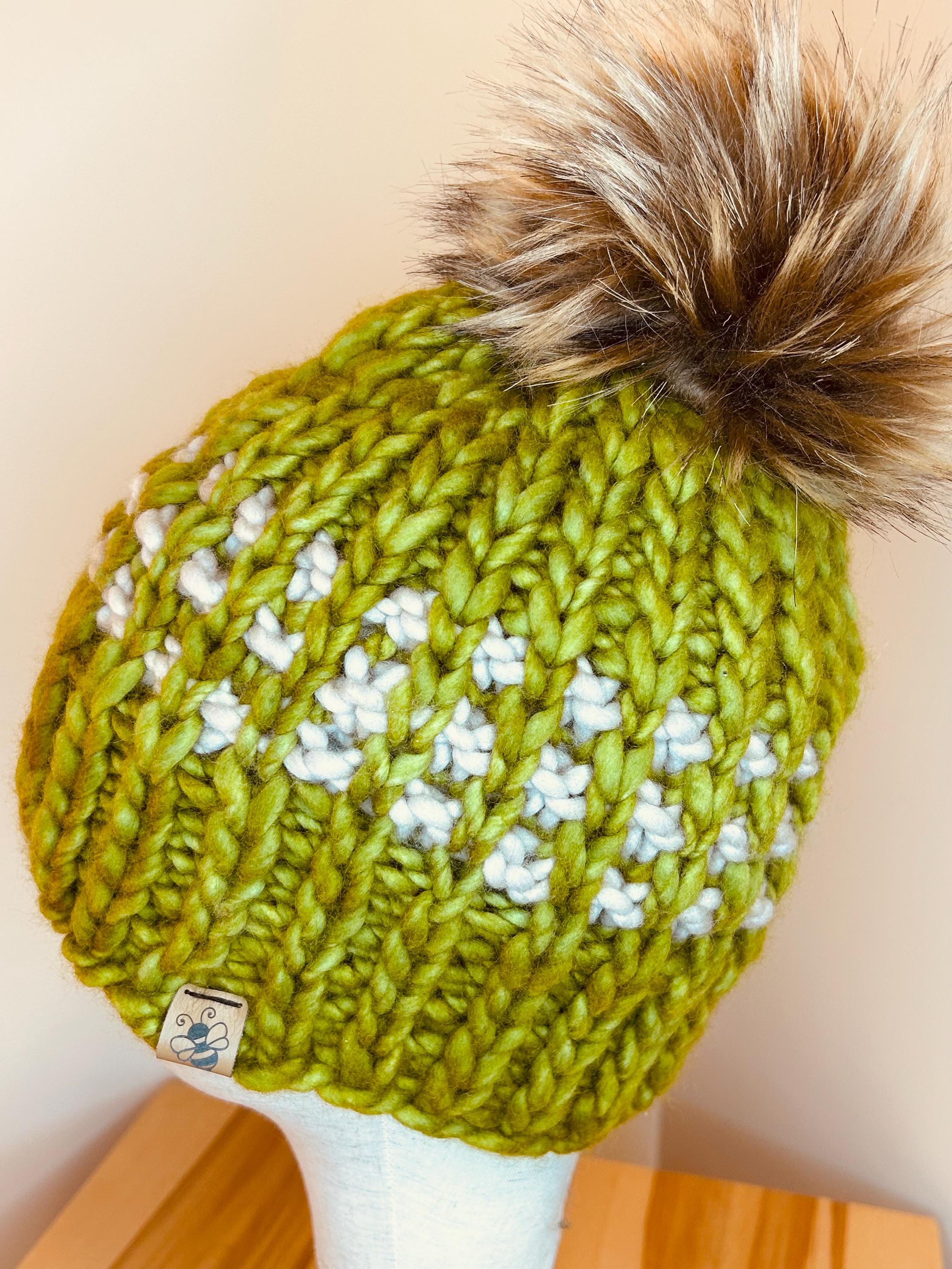 Handmade Merino Wool Knit Beanie: green blue beige knit with Faux Fur Pompom