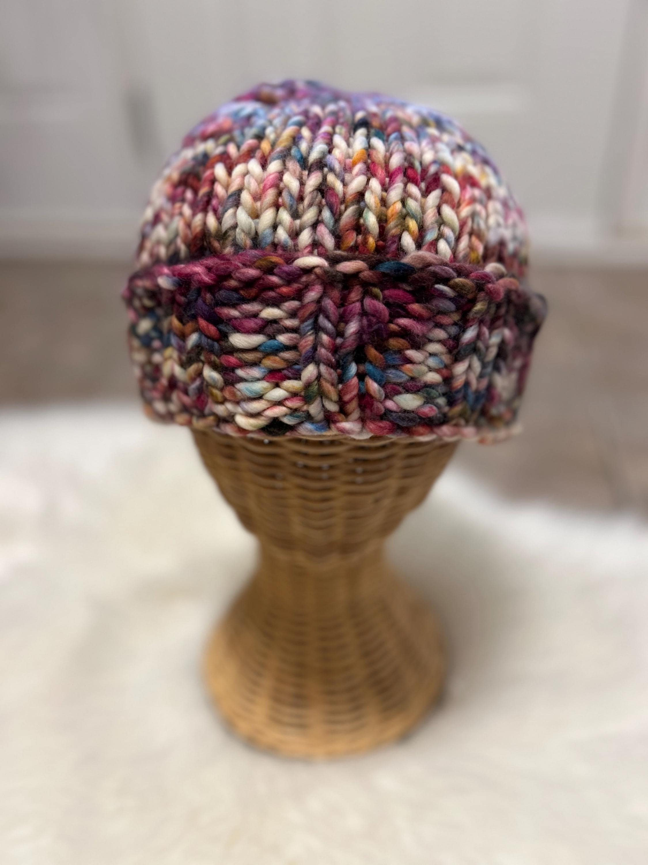 Hand Knit Merino chunky Wool toque: red colour Winter Hat, folded brim