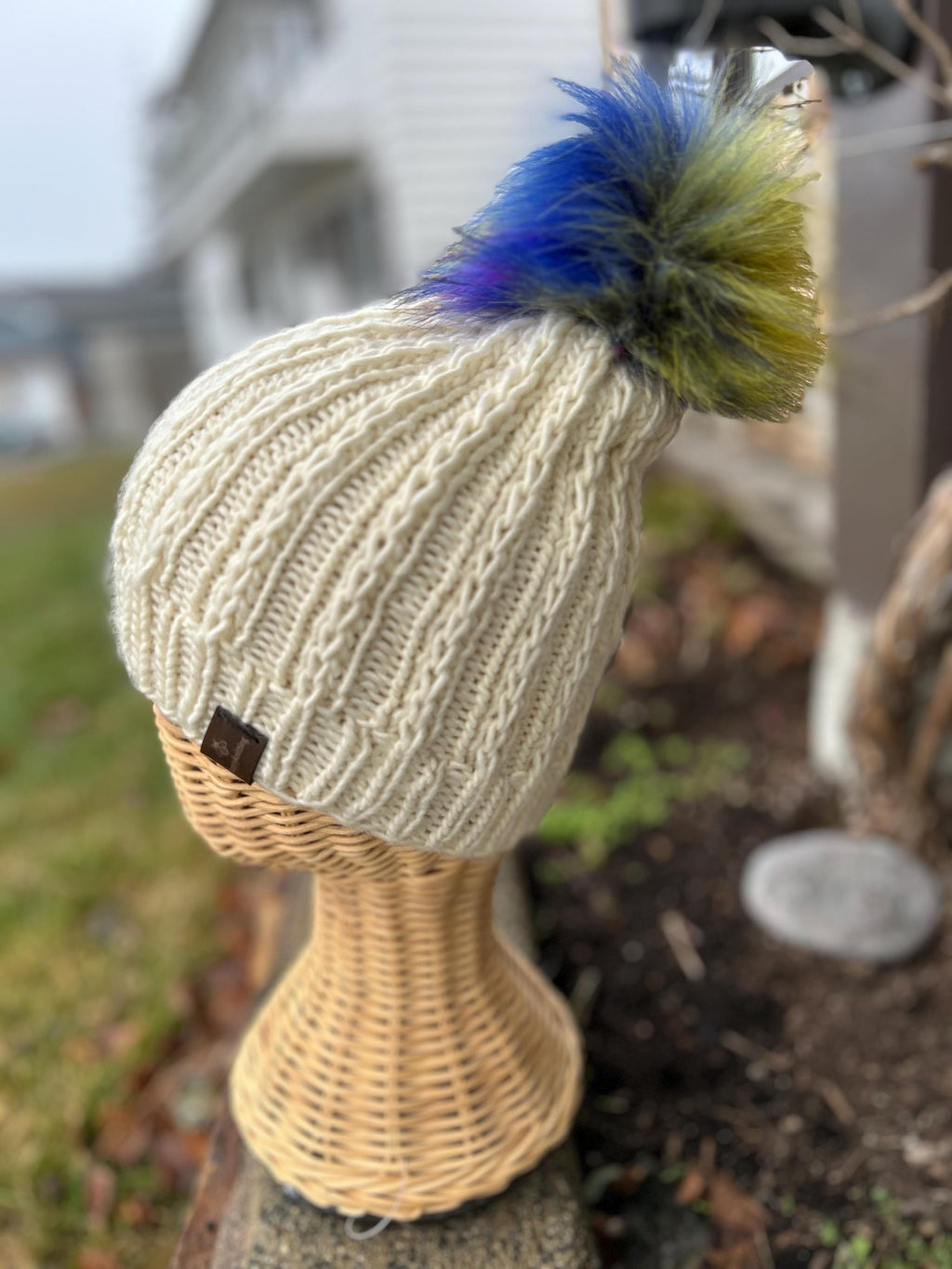 Hand Knit Merino Wool Beanie: Off White soft Toque with Faux Fur Pompom, knitted hat