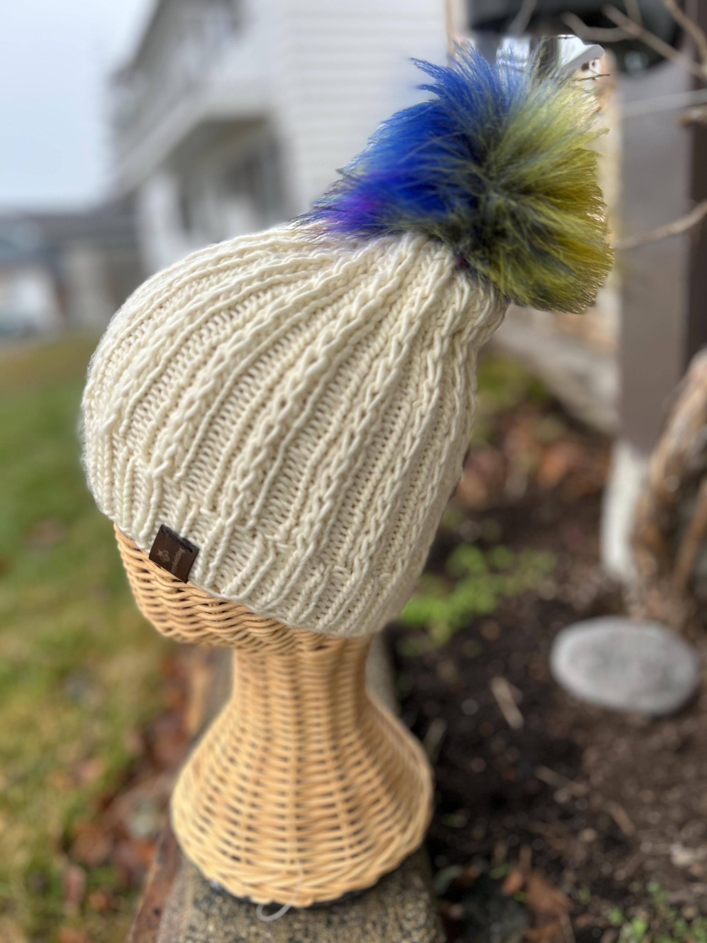 Hand Knit Merino Wool Beanie: Off White soft Toque with Faux Fur Pompom, knitted hat