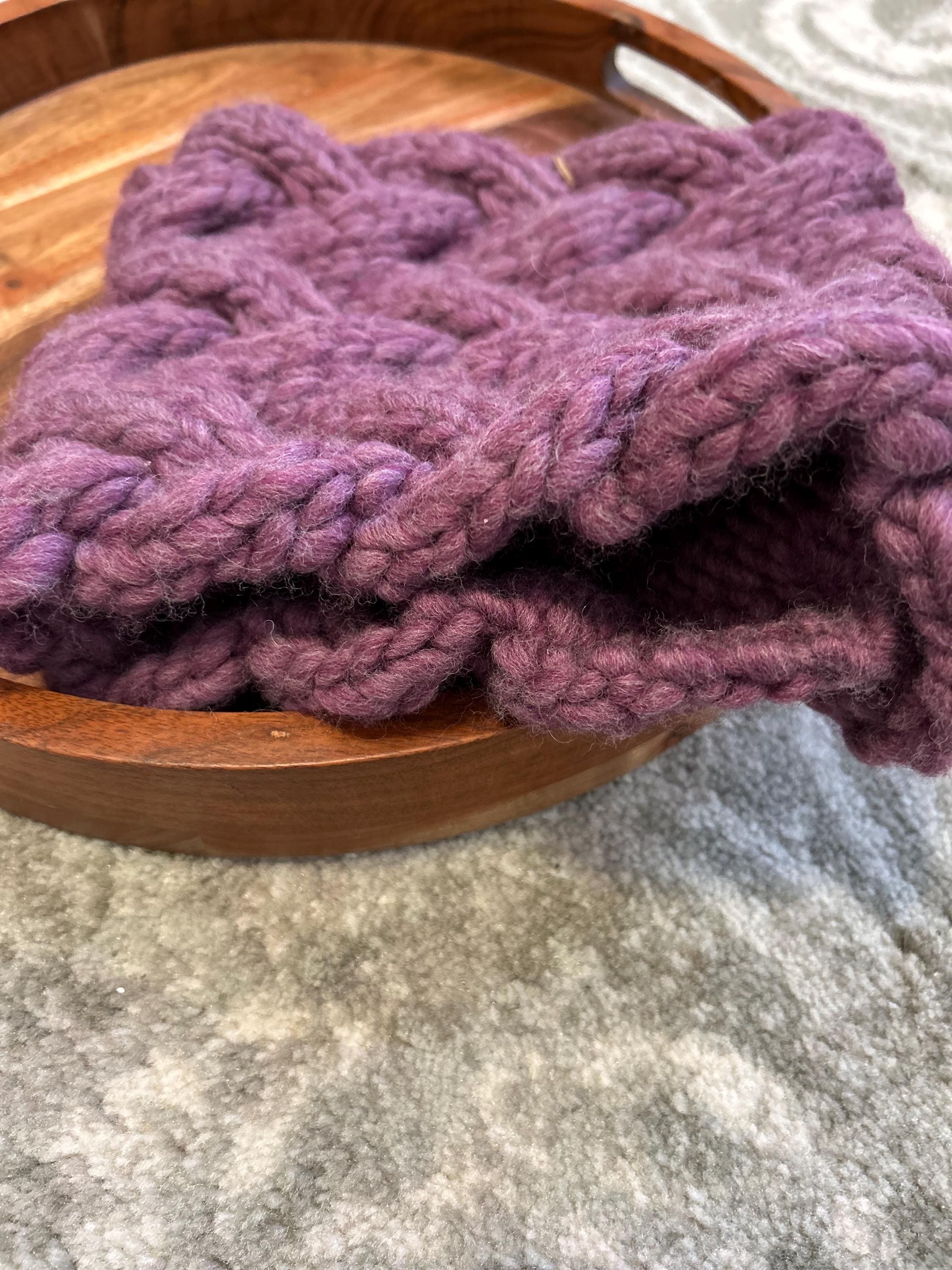 Cable Knit Wool Cowl: Button Up Purple Winter Scarf; neck warmer