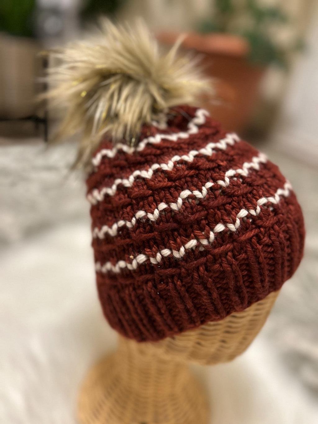 Hand Knit Merino Wool Beanie: Brown Ribbed Pom Pom toque