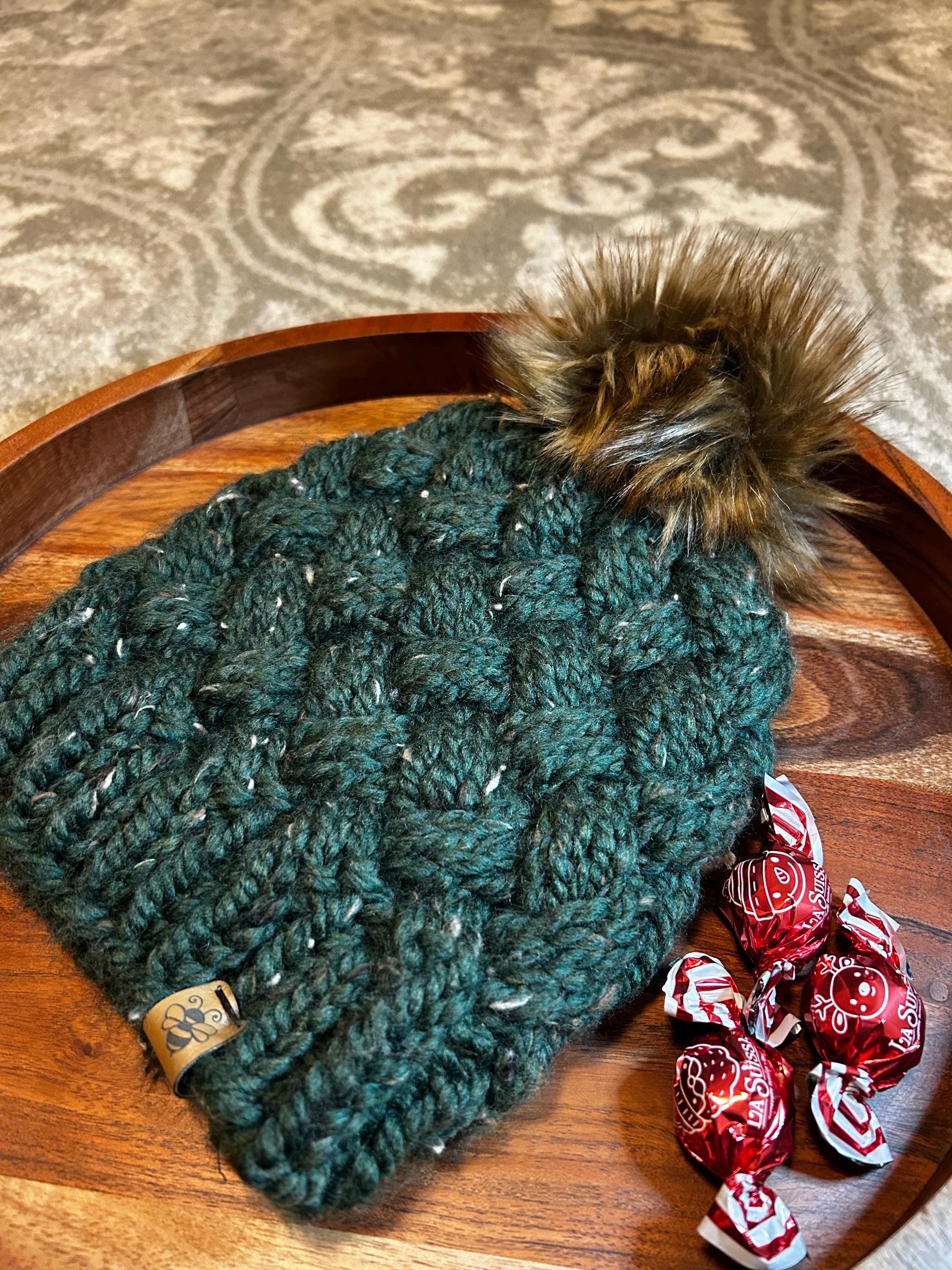 Handmade Merino Wool Knit Beanie: Green cable with Faux Fur Pompom