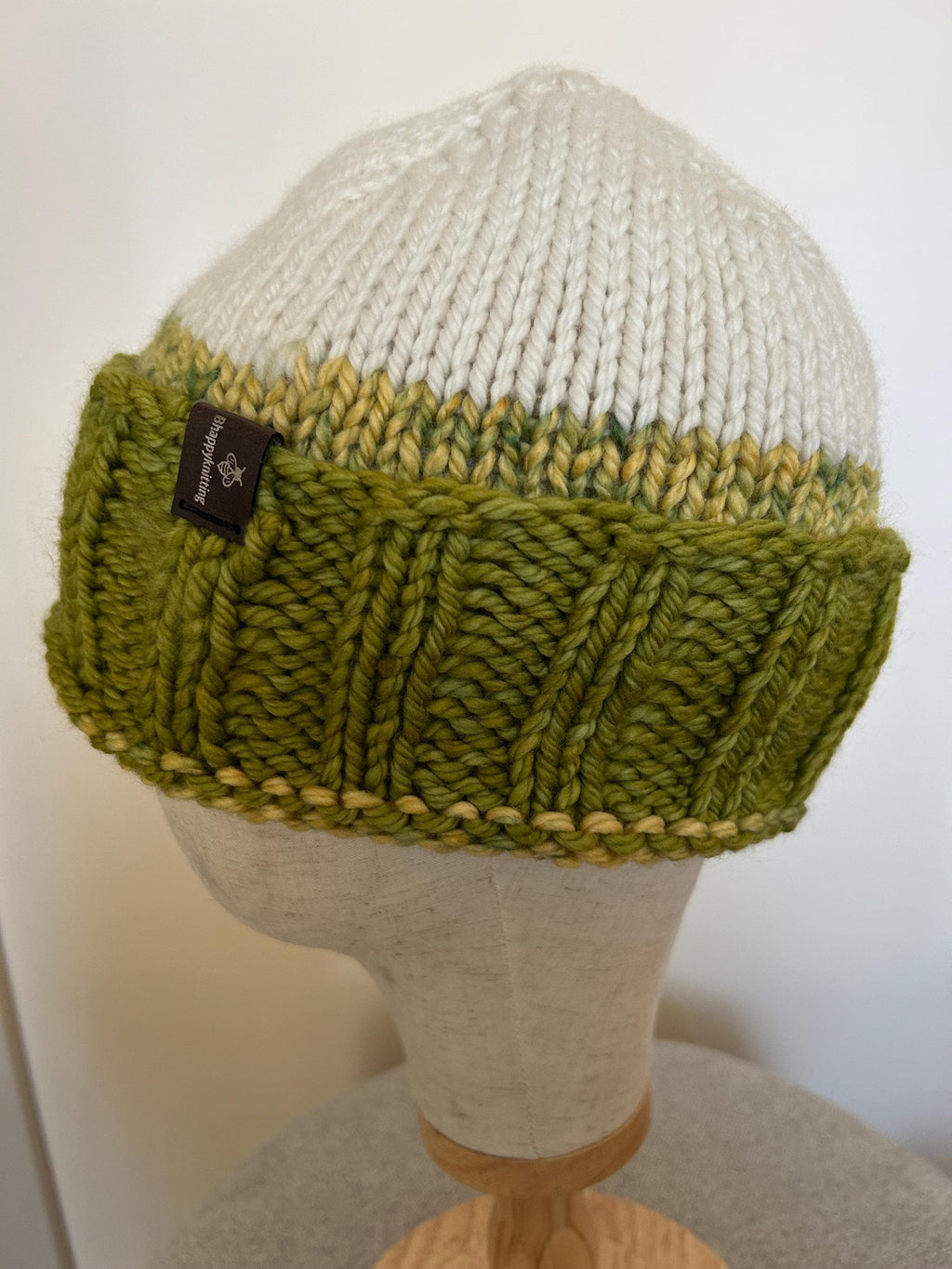 Hand Knit Merino Wool Winter Beanie - Folded Brim contrasting yellow and off white