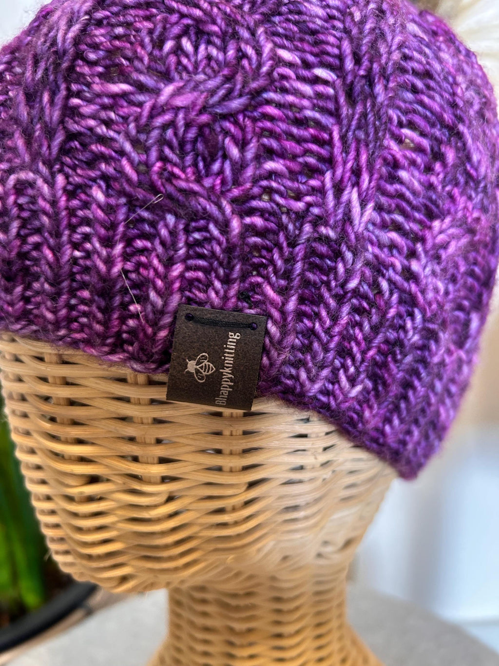 Handknit Purple Wool Beanie: Faux Fur Pom Pom, fine Cable Knit