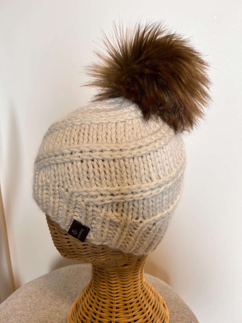 Hand Knit Merino Wool Beanie: Removable Faux Fur Pompom