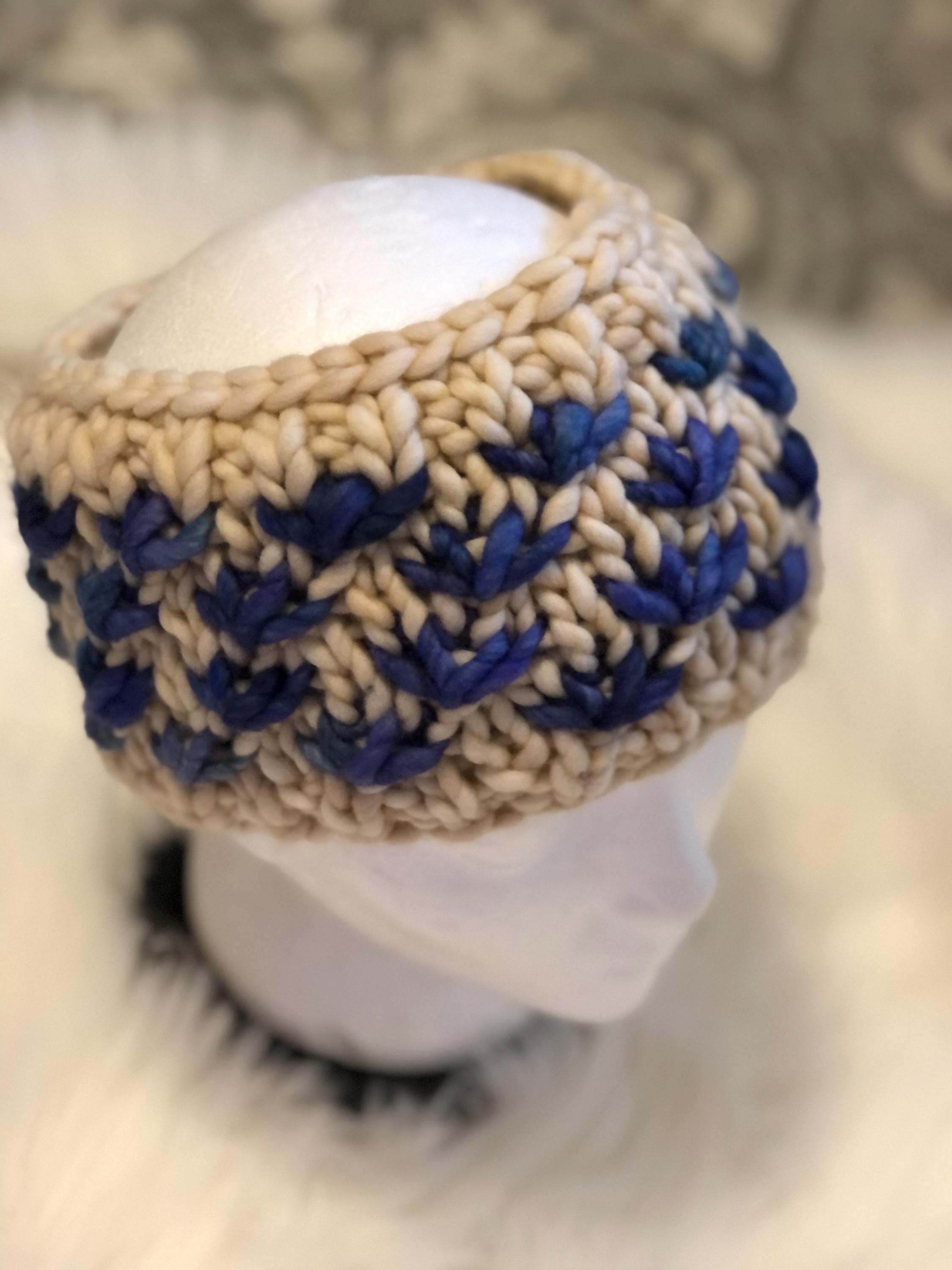 Hand Knit Merino Wool Headband: Blue Lotus Flower Ear Warmer