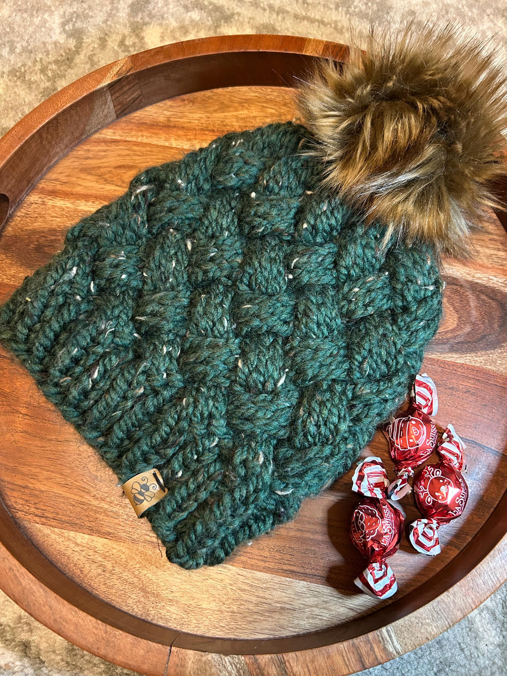 Handmade Merino Wool Knit Beanie: Green cable with Faux Fur Pompom