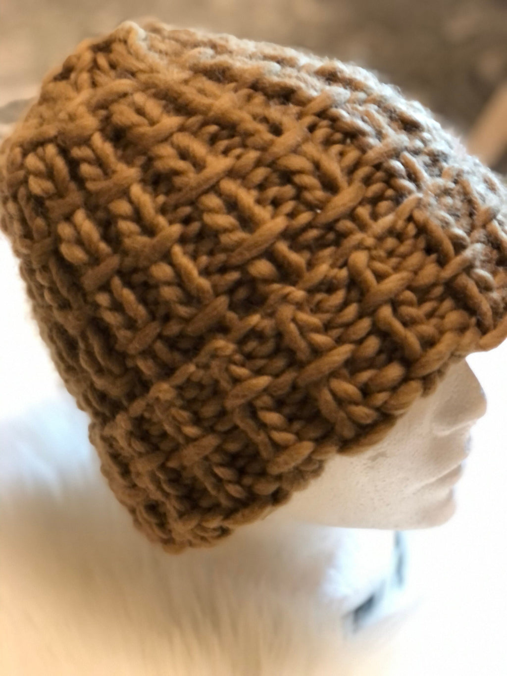 Hand Knit Merino Wool bulky knit Beanie, Brown Sugar Chunky Hat toque
