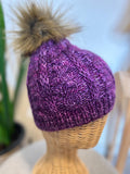 Handknit Purple Wool Beanie: Faux Fur Pom Pom, fine Cable Knit