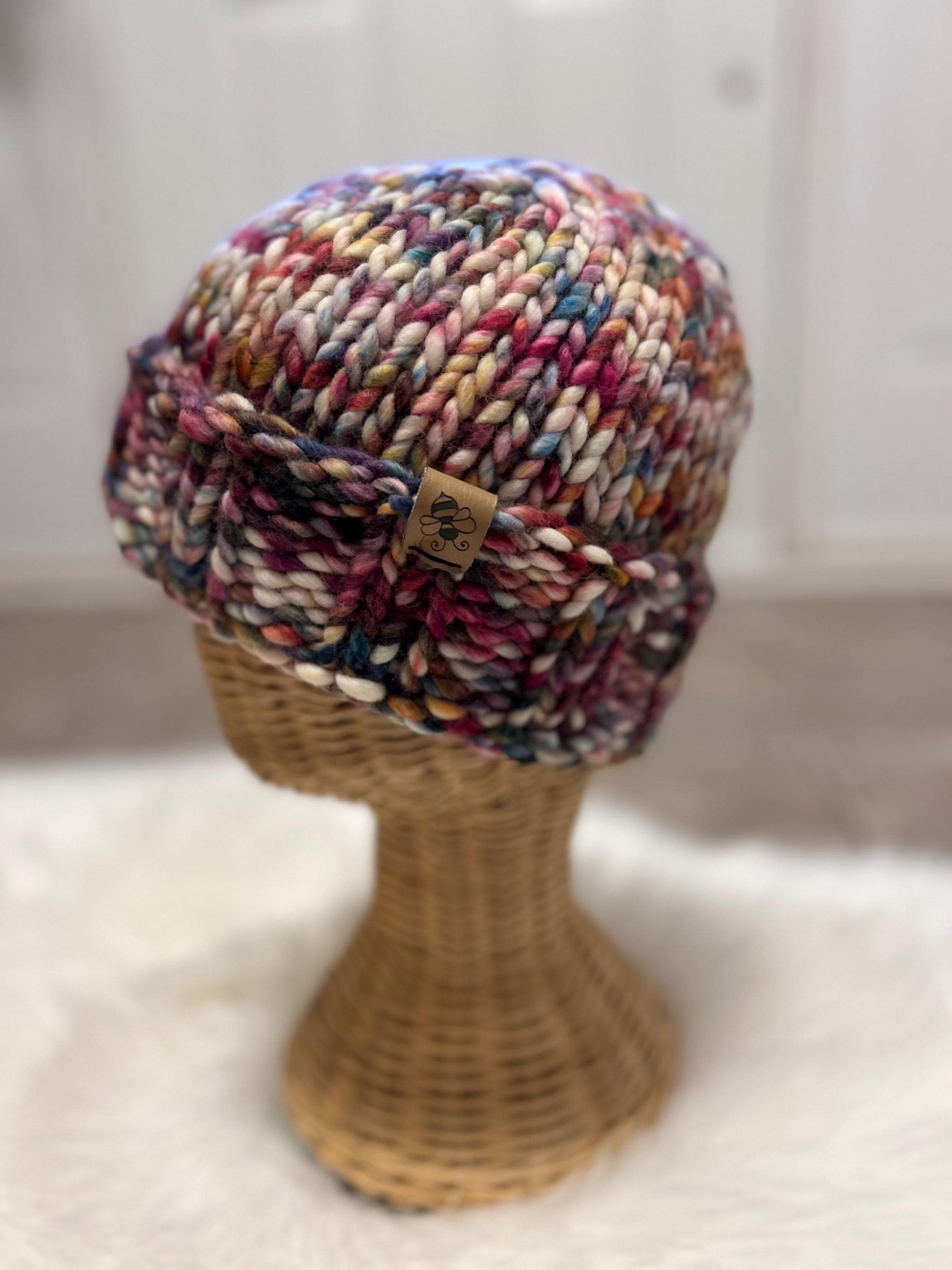 Hand Knit Merino chunky Wool toque: red colour Winter Hat, folded brim