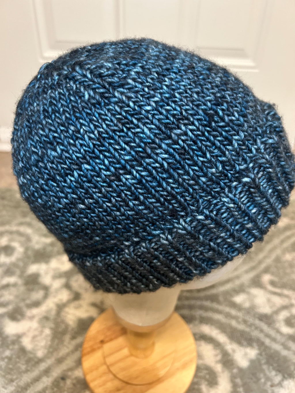 Hand Knit Blue Merino Wool Beanie, Double Brim, unisex
