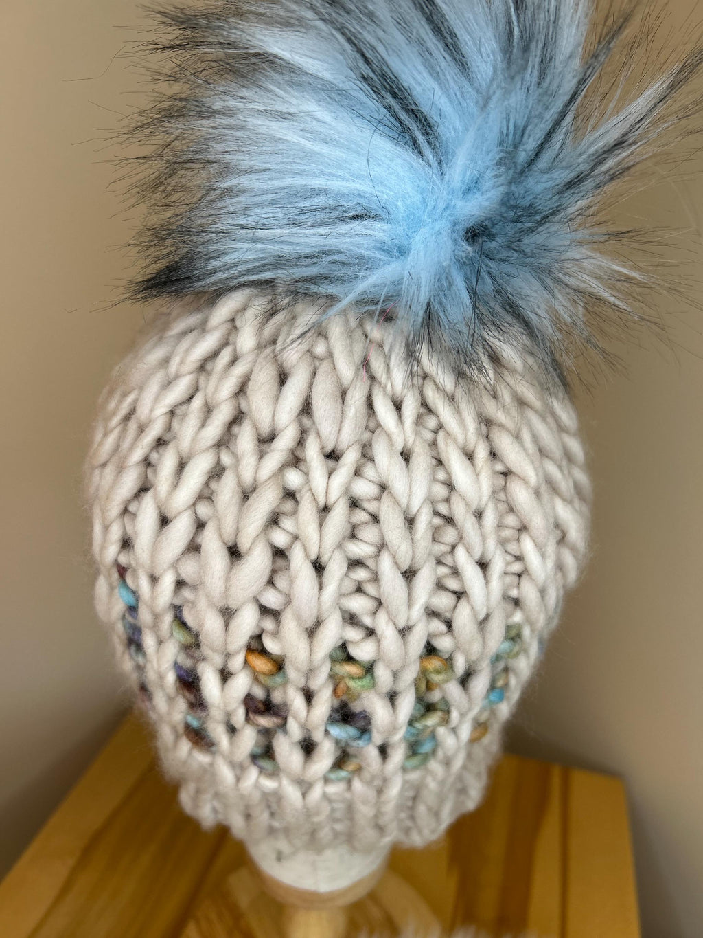 Handmade Merino Wool Knit Beanie: green blue beige knit with Faux Fur Pompom