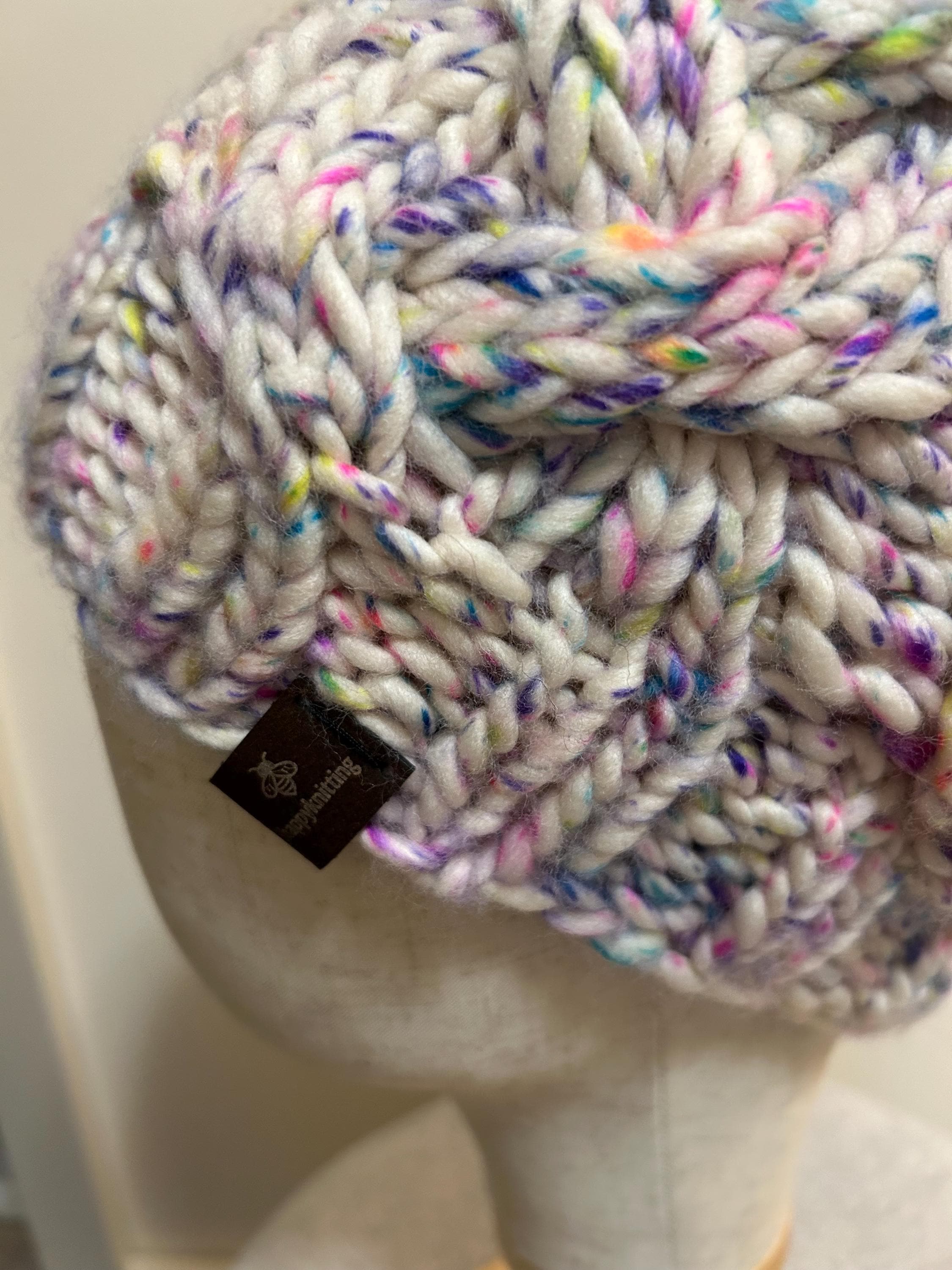 Handmade Merino Wool Knit Beanie: white blue cable with Faux Fur Pompom, purple pompom