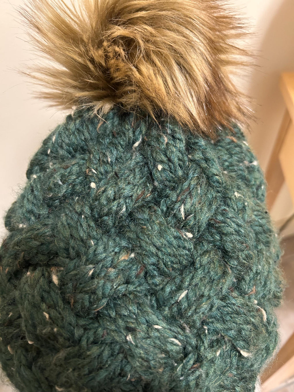 Handmade Merino Wool Knit Beanie: Green cable with Faux Fur Pompom