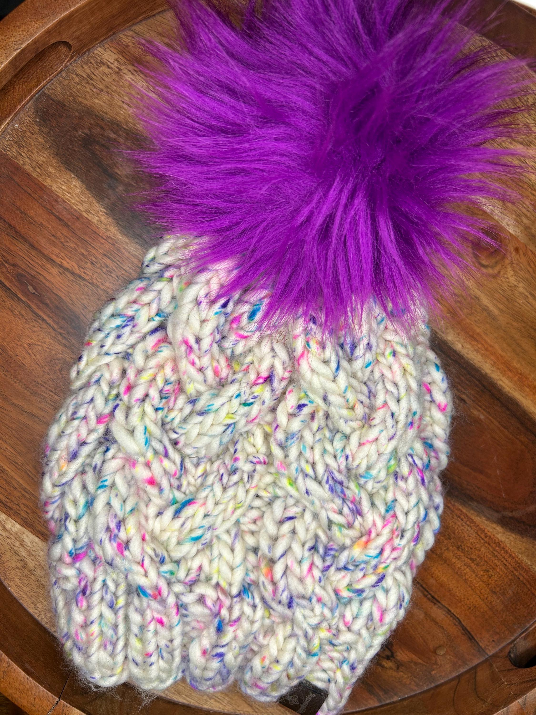 Handmade Merino Wool Knit Beanie: white blue cable with Faux Fur Pompom, purple pompom