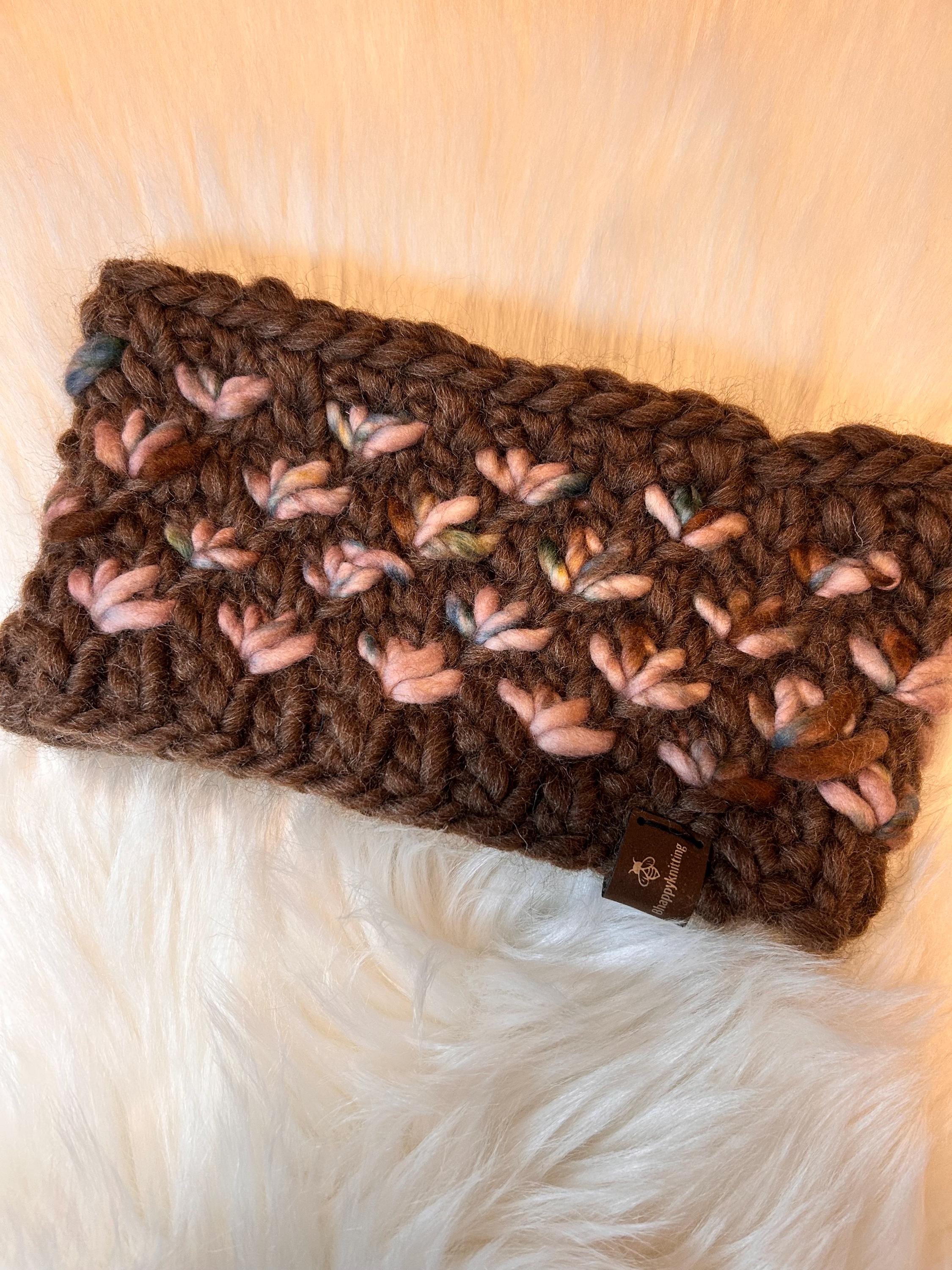 lotus flower headband, earwarmer, merino wool, handmade, handknit, messy bun headband