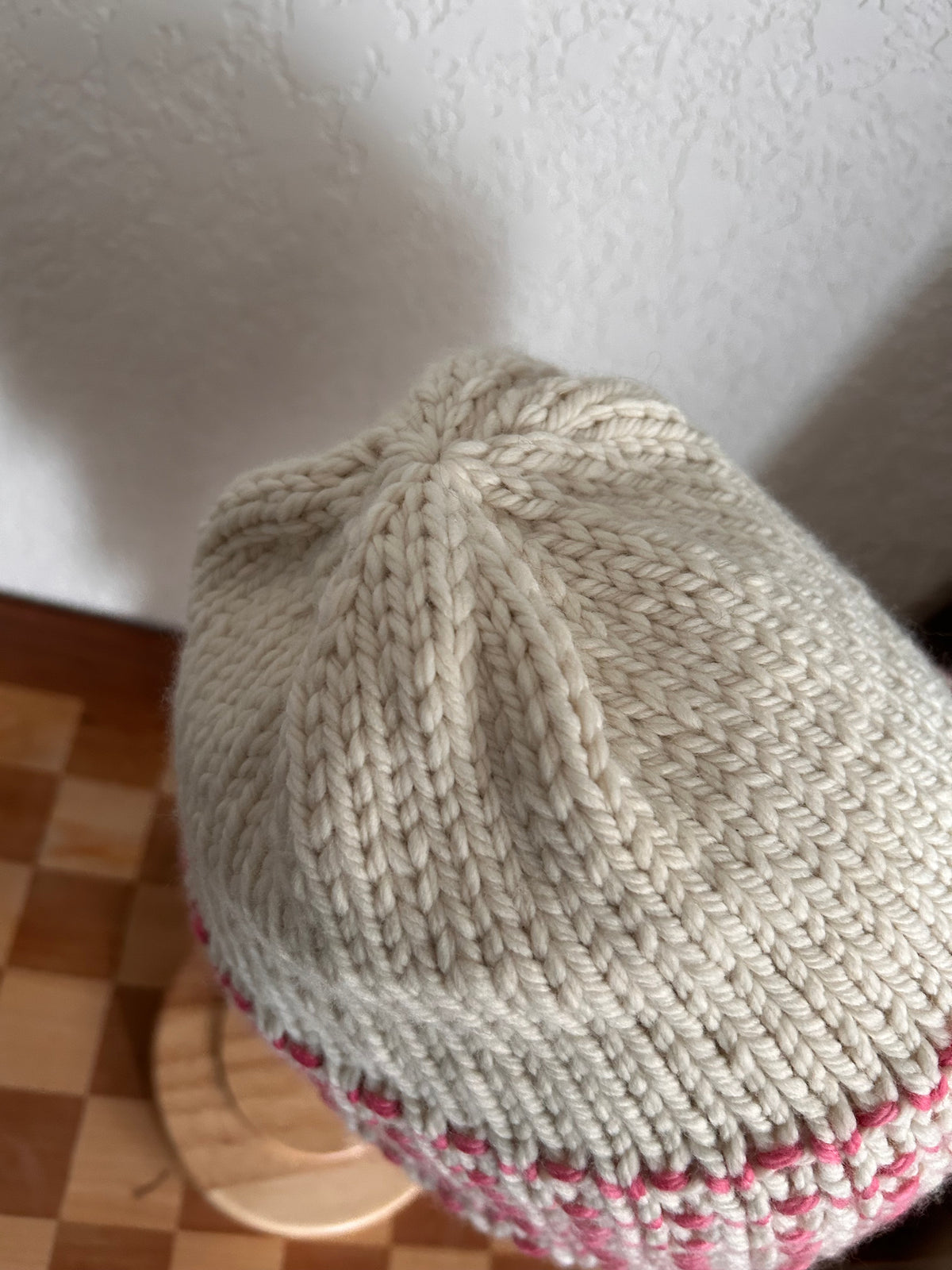 Hand Knit cream and pink Merino Wool Beanie: Double Brim toque