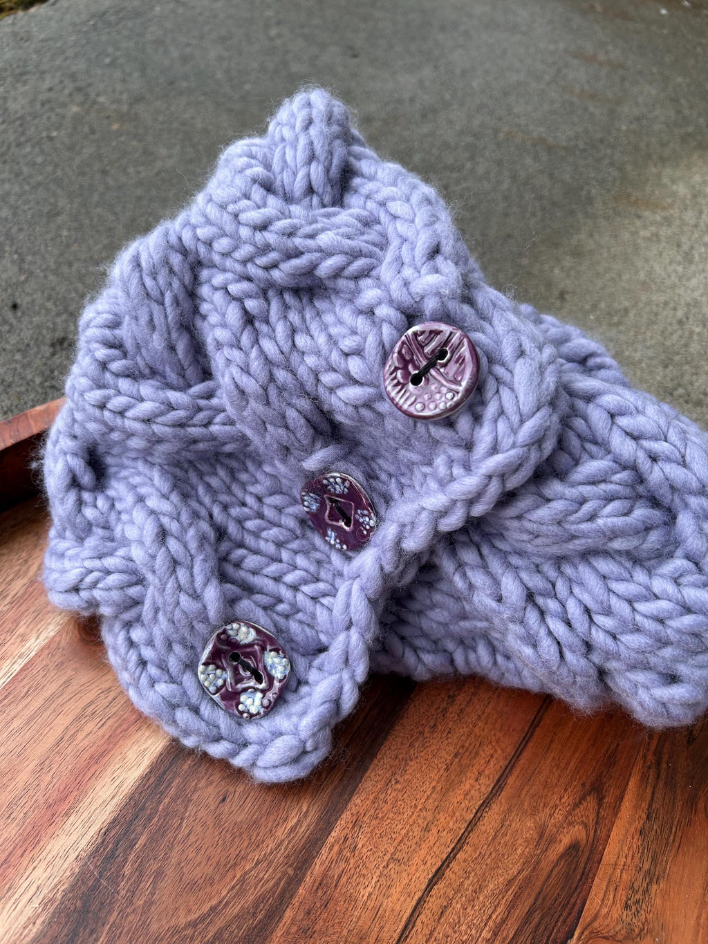 Cable Knit Wool cable Cowl: Button Up purple Winter Scarf; neck warmer