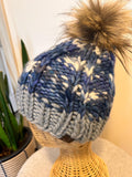 Handknit Chunky Wool Beanie: Blue and Grey Winter Cap with removable PomPom