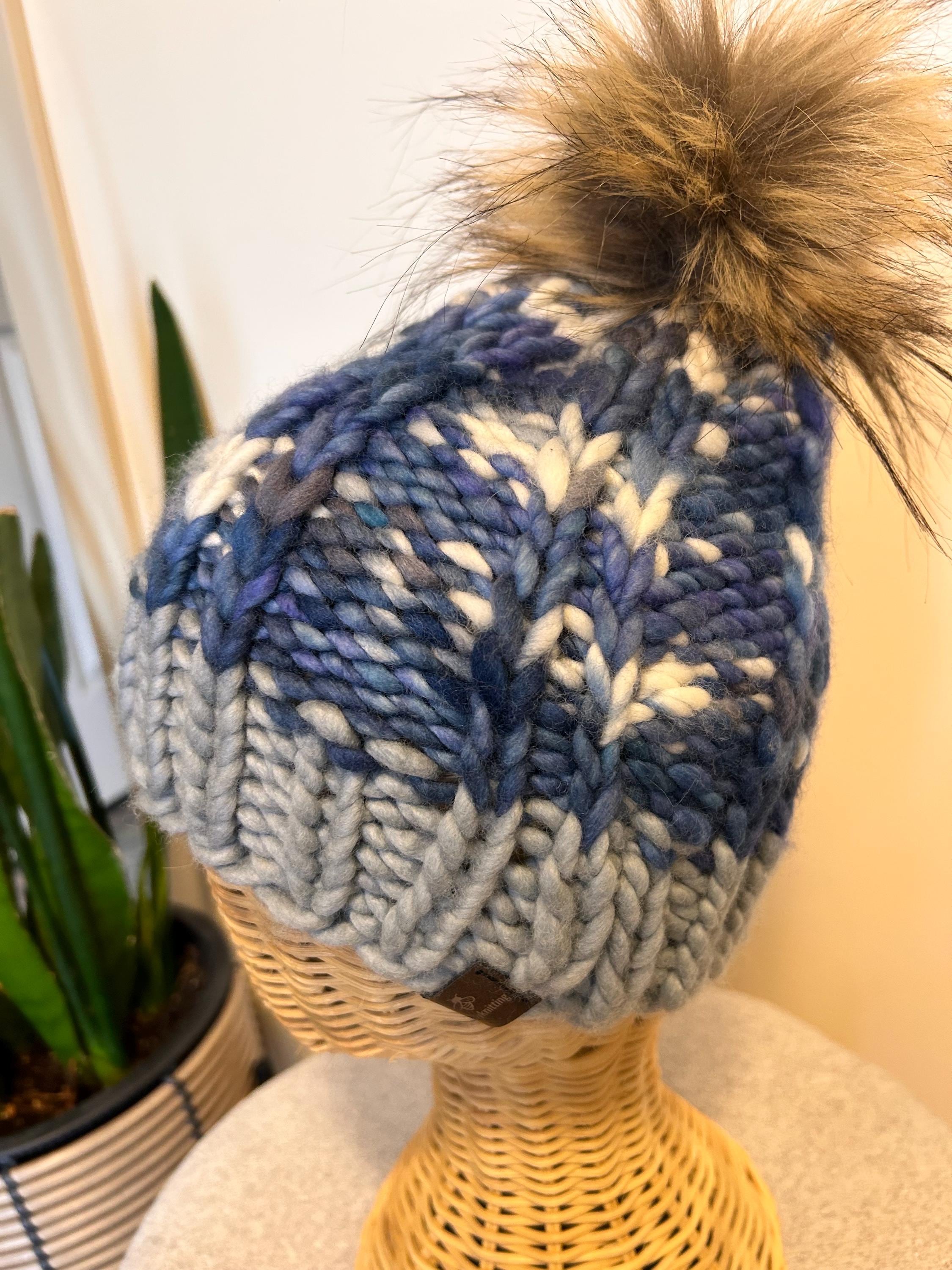 Handknit Chunky Wool Beanie: Blue and Grey Winter Cap with removable PomPom