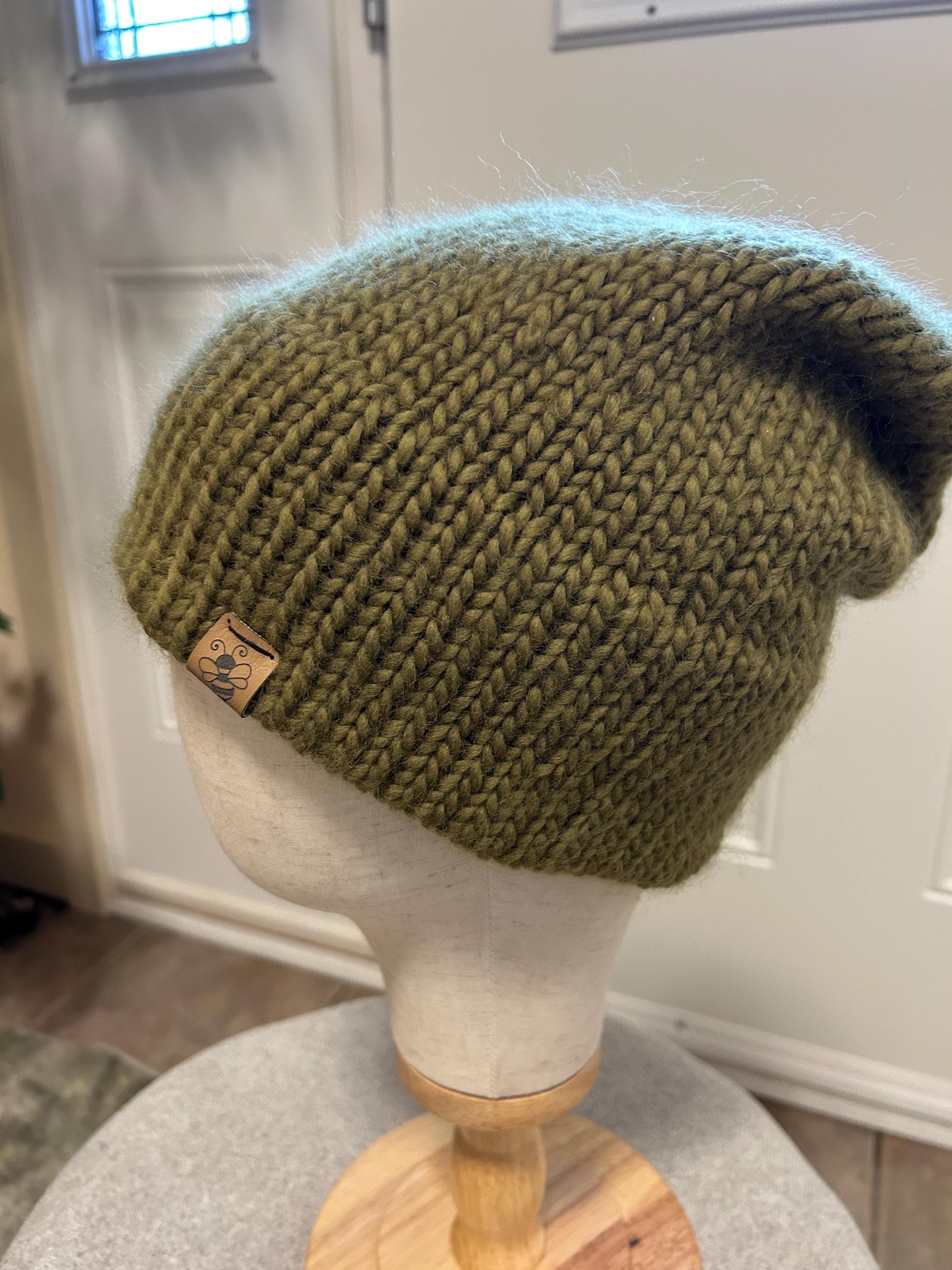 Hand Knit Merino Wool Beanie: Moss Green Double Brim Toque