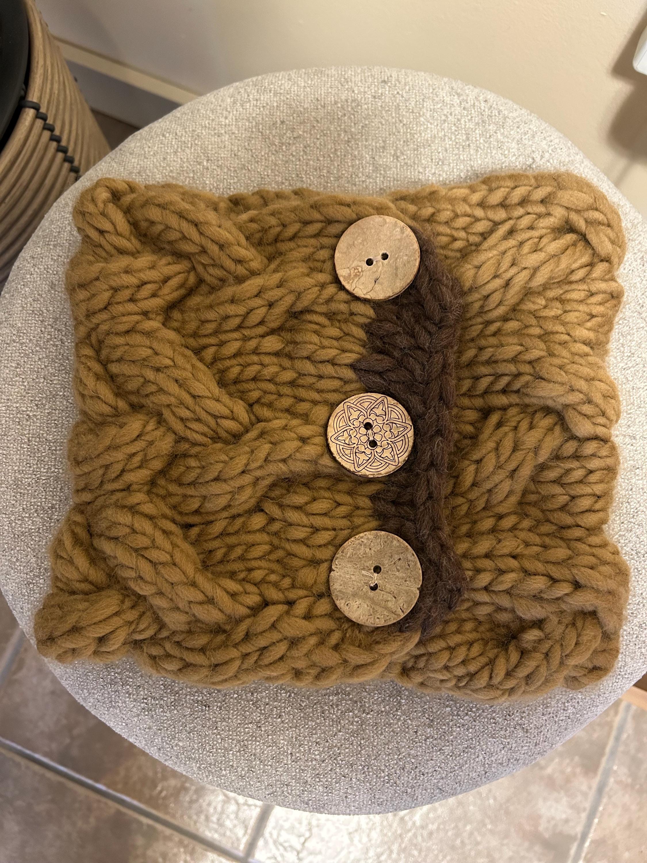 Cable Knit Wool cable Cowl: Button Up caramel brown Winter Scarf; neck warmer
