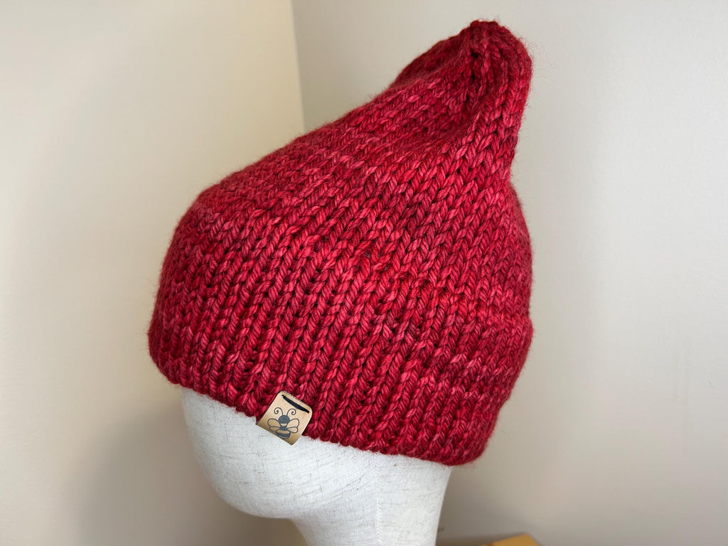 Hand Knit Merino Wool Beanie: Double Brim Red Toque, Cozy Warm Winter Hat