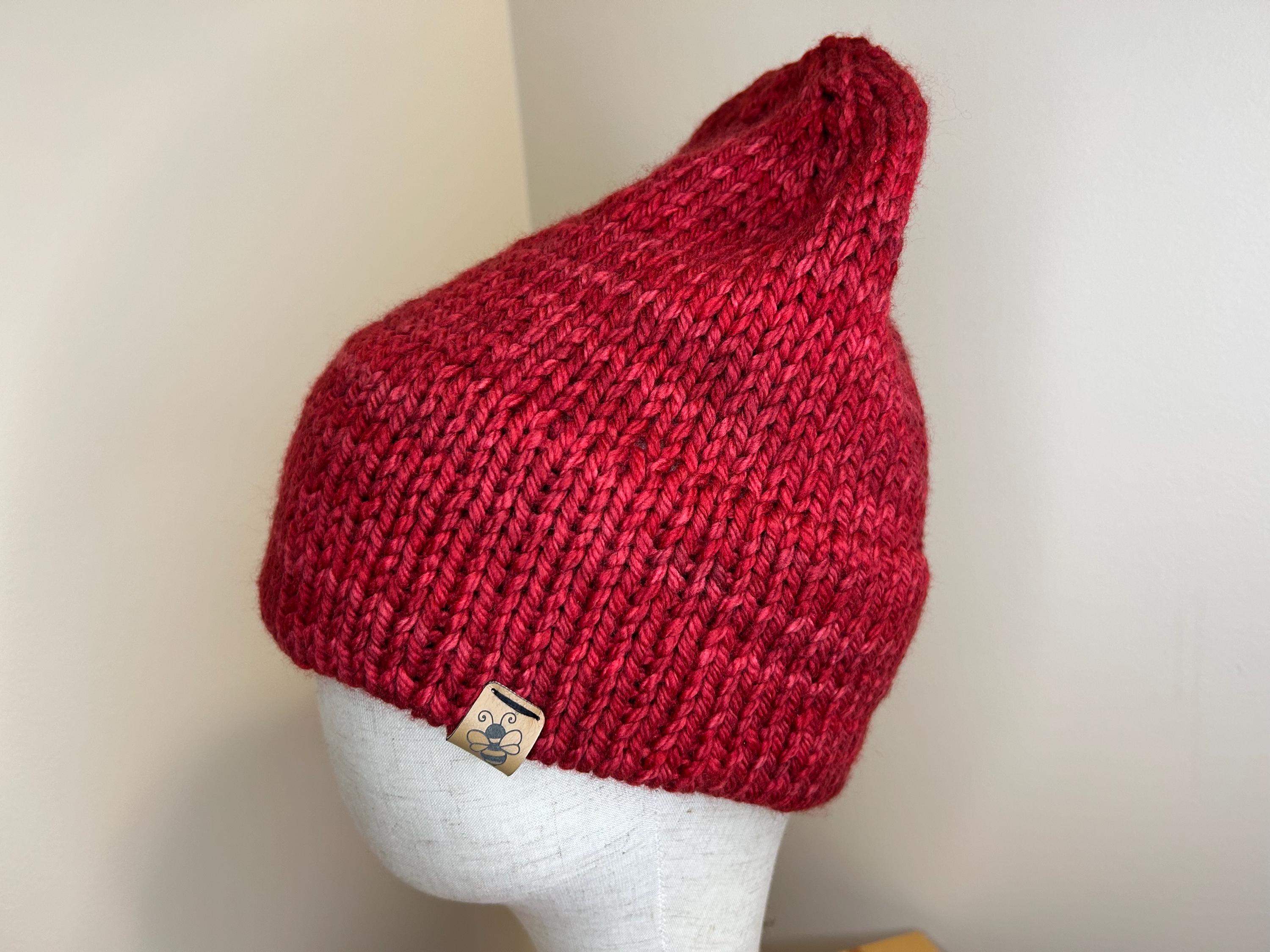 Hand Knit Merino Wool Beanie: Double Brim Red Toque, Cozy Warm Winter Hat