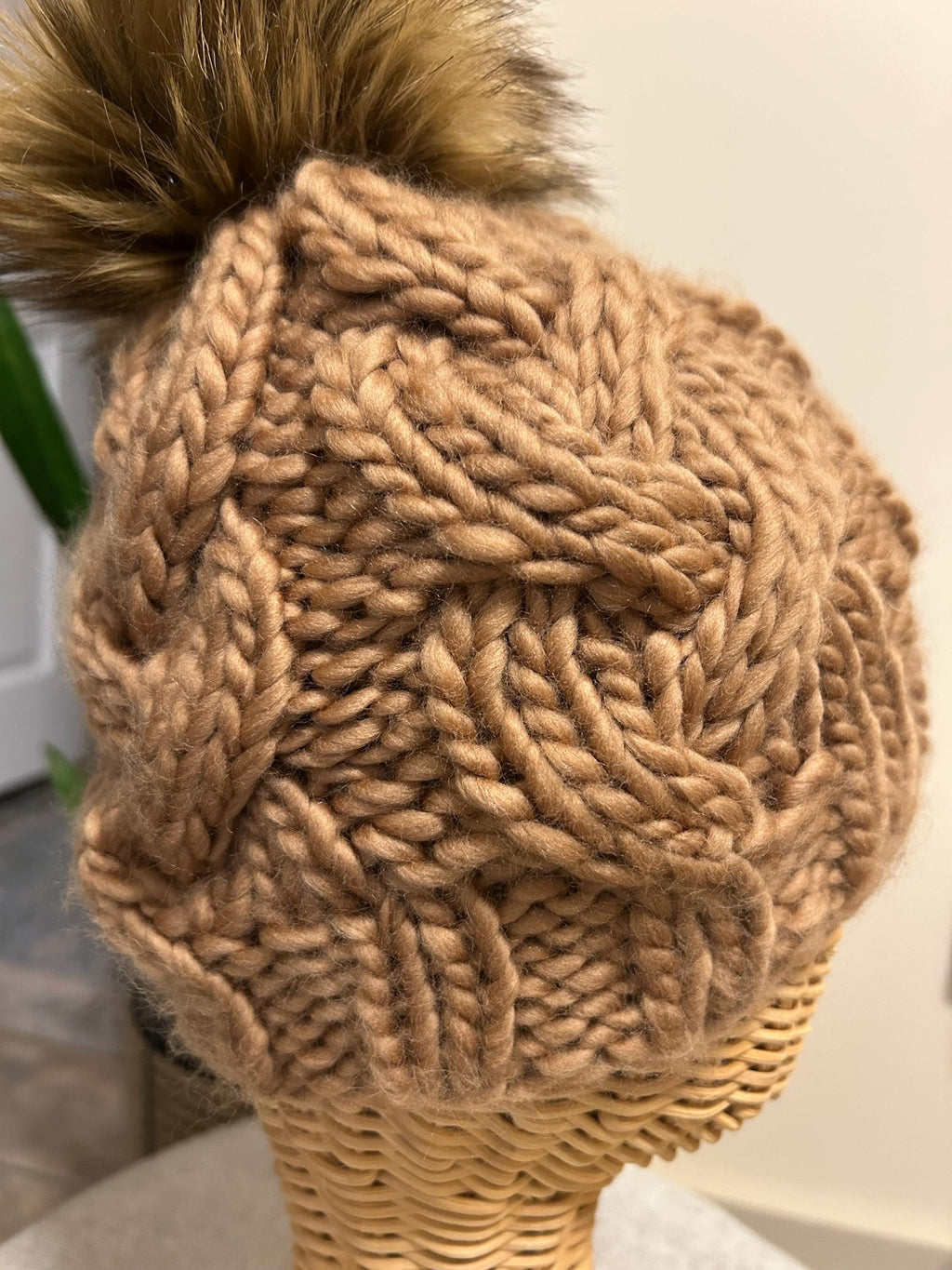 Handmade Merino Wool Knit Beanie: caramel brown cable knit with Faux Fur Pompom