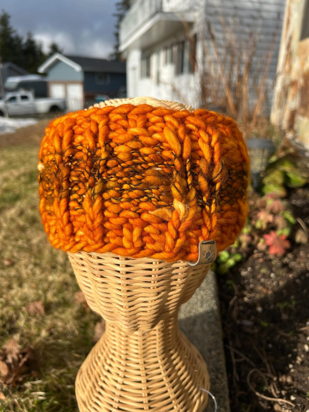 Adult size headband, Handknit, orange colour, Winterwear, messy bun, wool, winter accessory