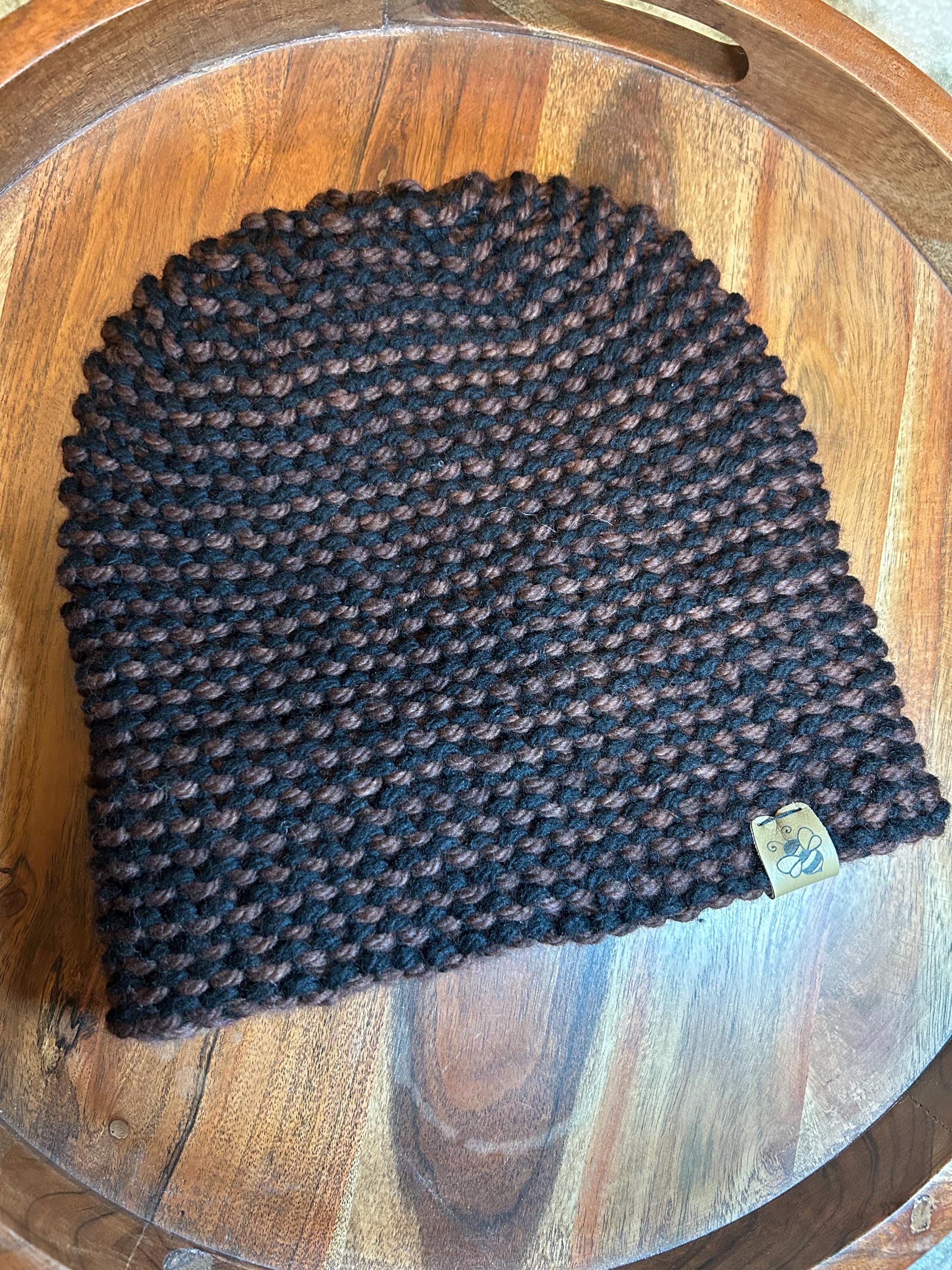 Hand Knit Merino Wool Beanie: Unisex Brown Textured Toque
