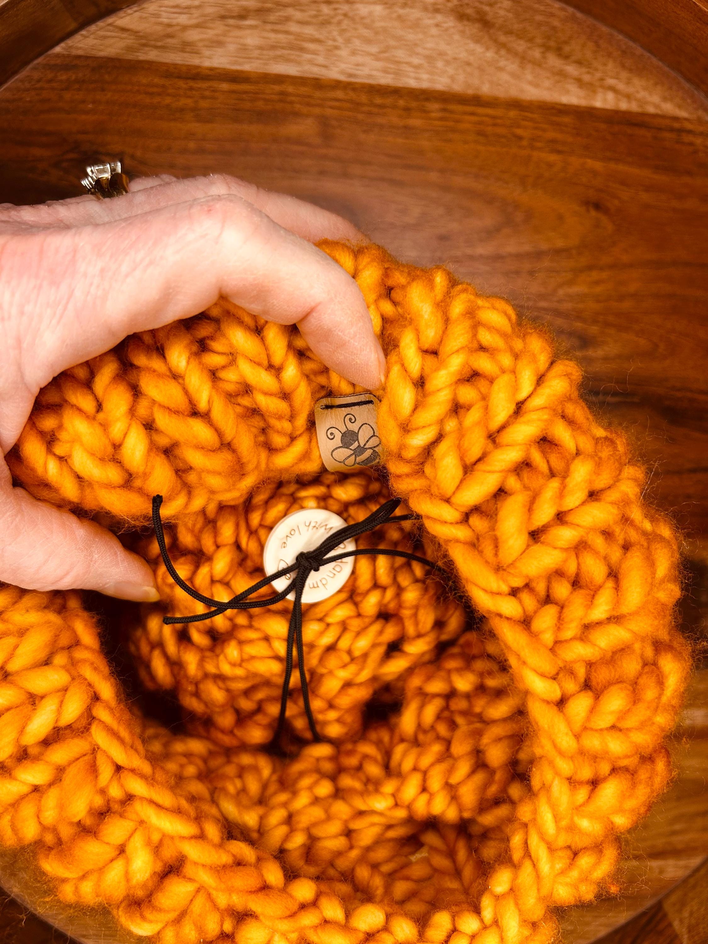 Handmade Merino Wool Knit Beanie: orange colour cable knit with Faux Fur Pompom