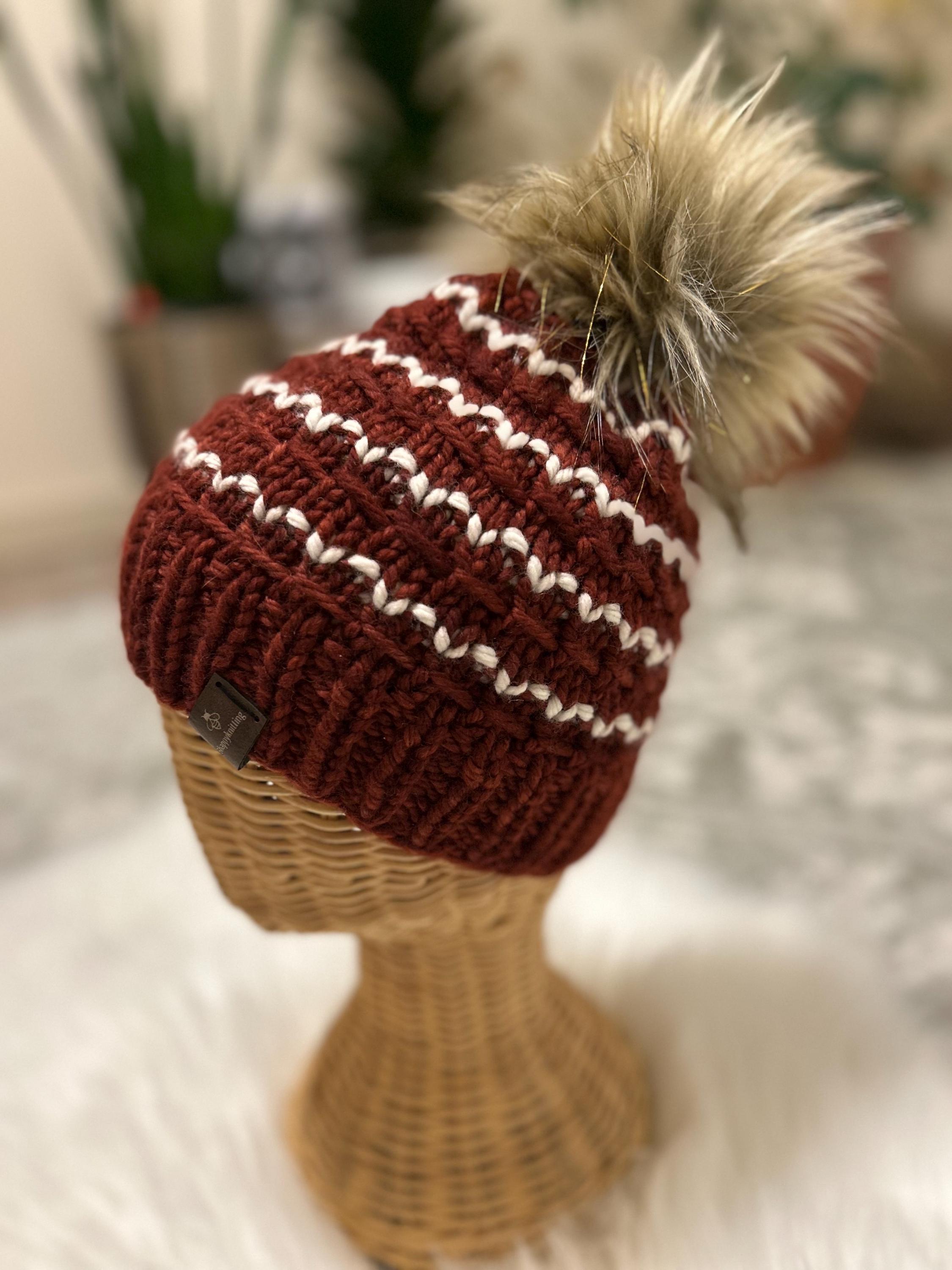 Hand Knit Merino Wool Beanie: Brown Ribbed Pom Pom toque